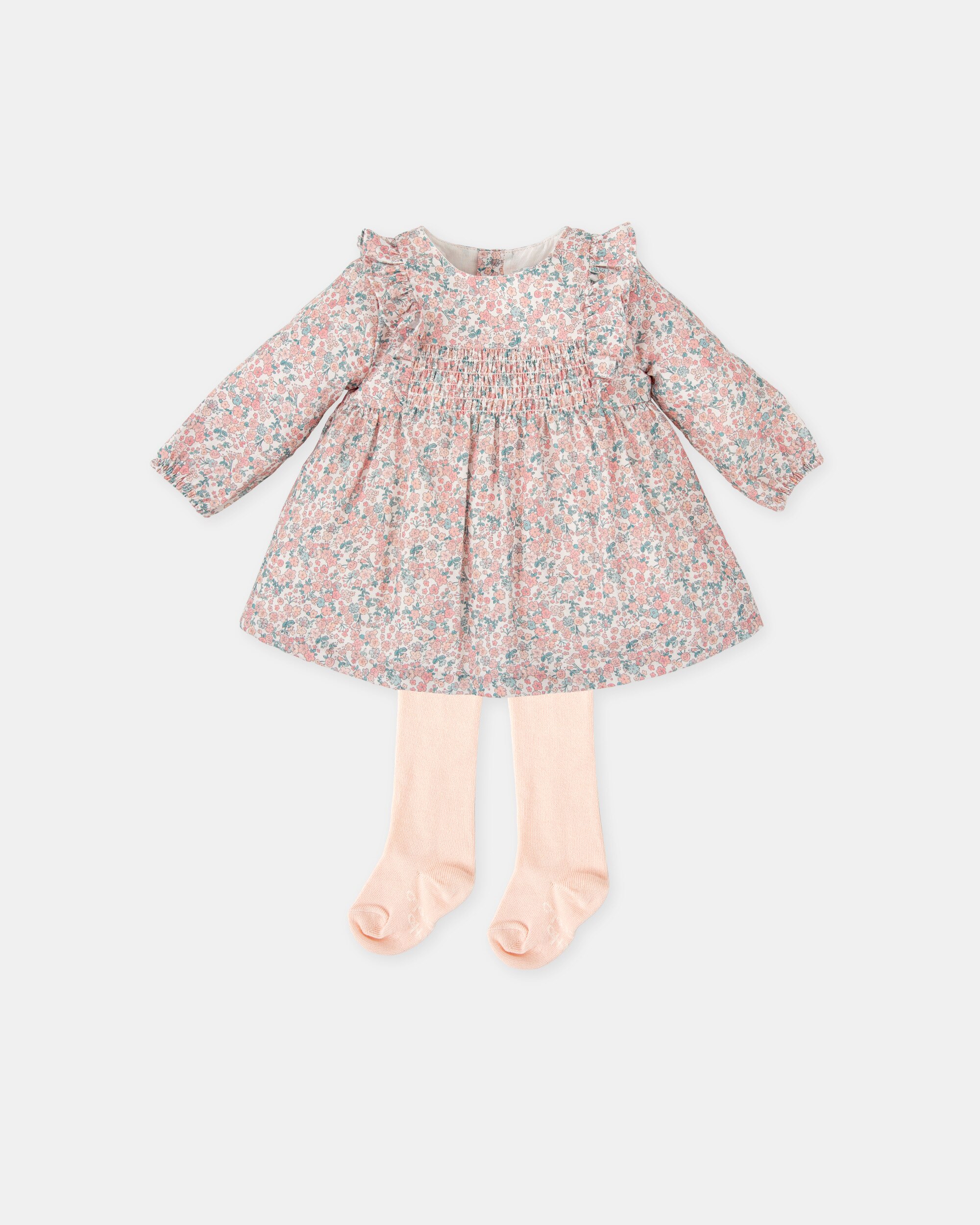 Conjunto para Bebé de Vestido Flores Rosa e Collants Tutto Piccolo Rosa-1