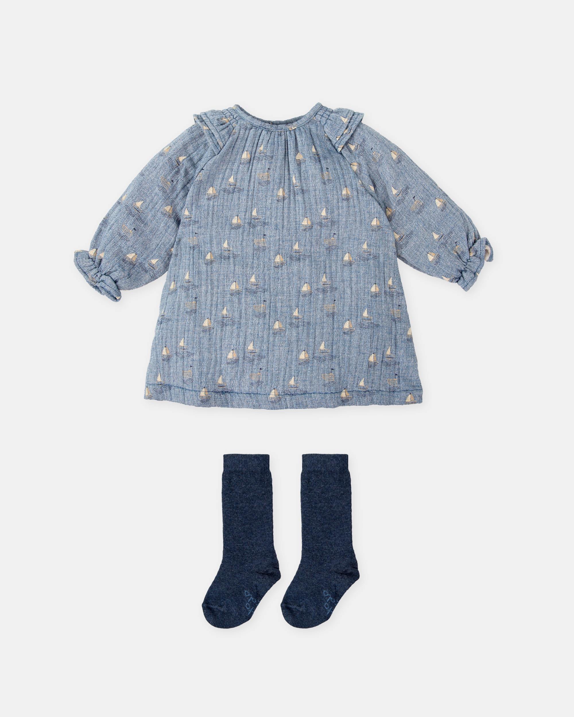 Conjunto para Bebé de Vestido Barcos Porcelana e Meias Tutto Piccolo Azul-claro-1