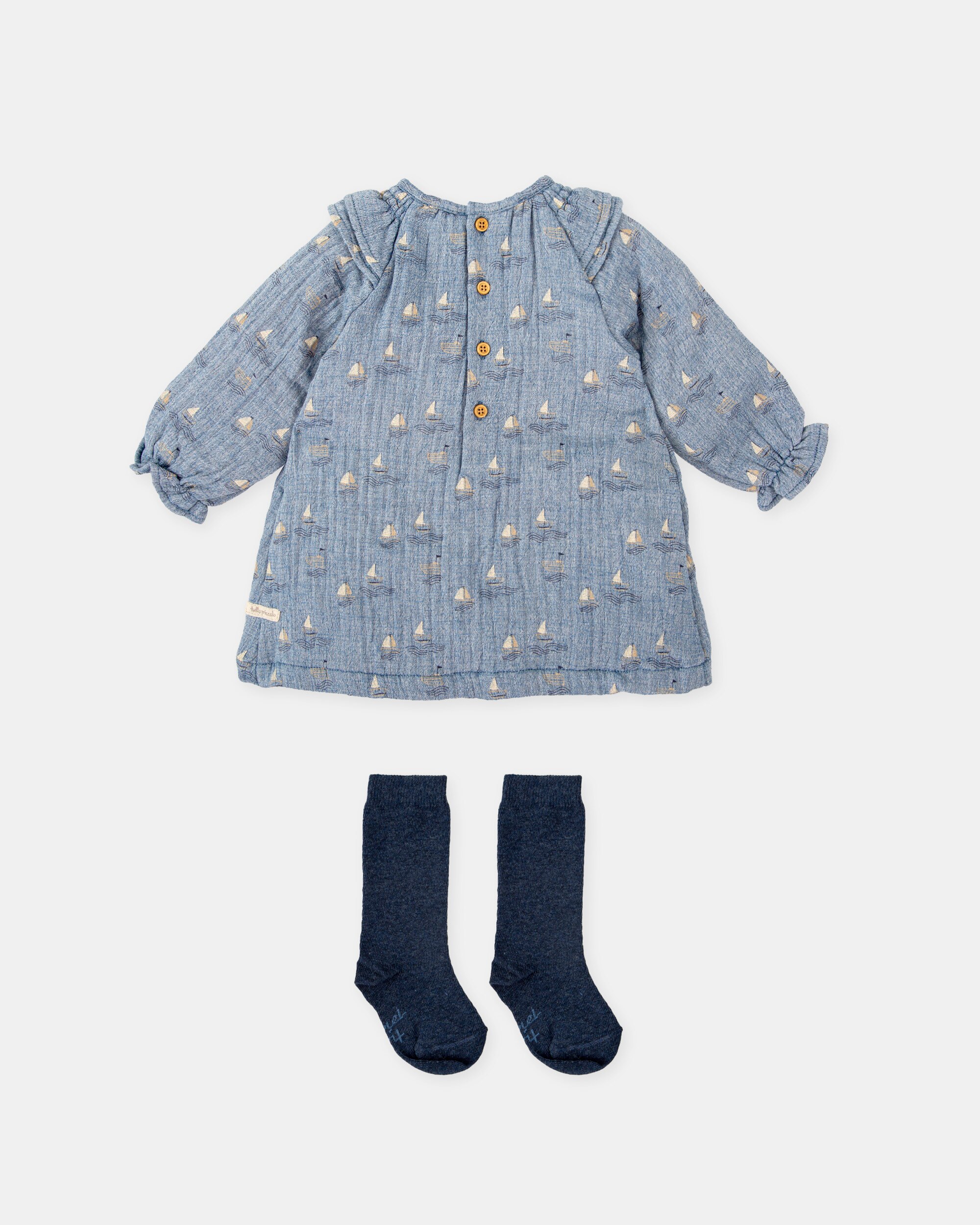 Conjunto para Bebé de Vestido Barcos Porcelana e Meias Tutto Piccolo Azul-claro-2