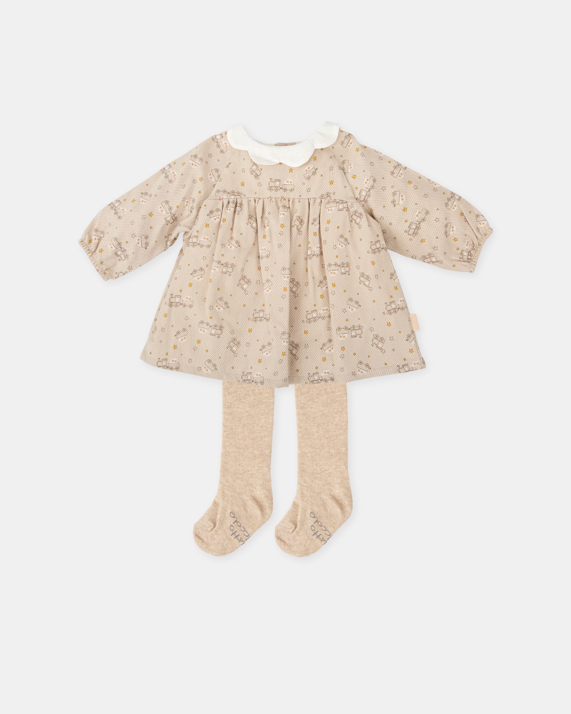 Conjunto para Bebé de Vestido Trens em Areia e Collants Tutto Piccolo Castanho-claro-1