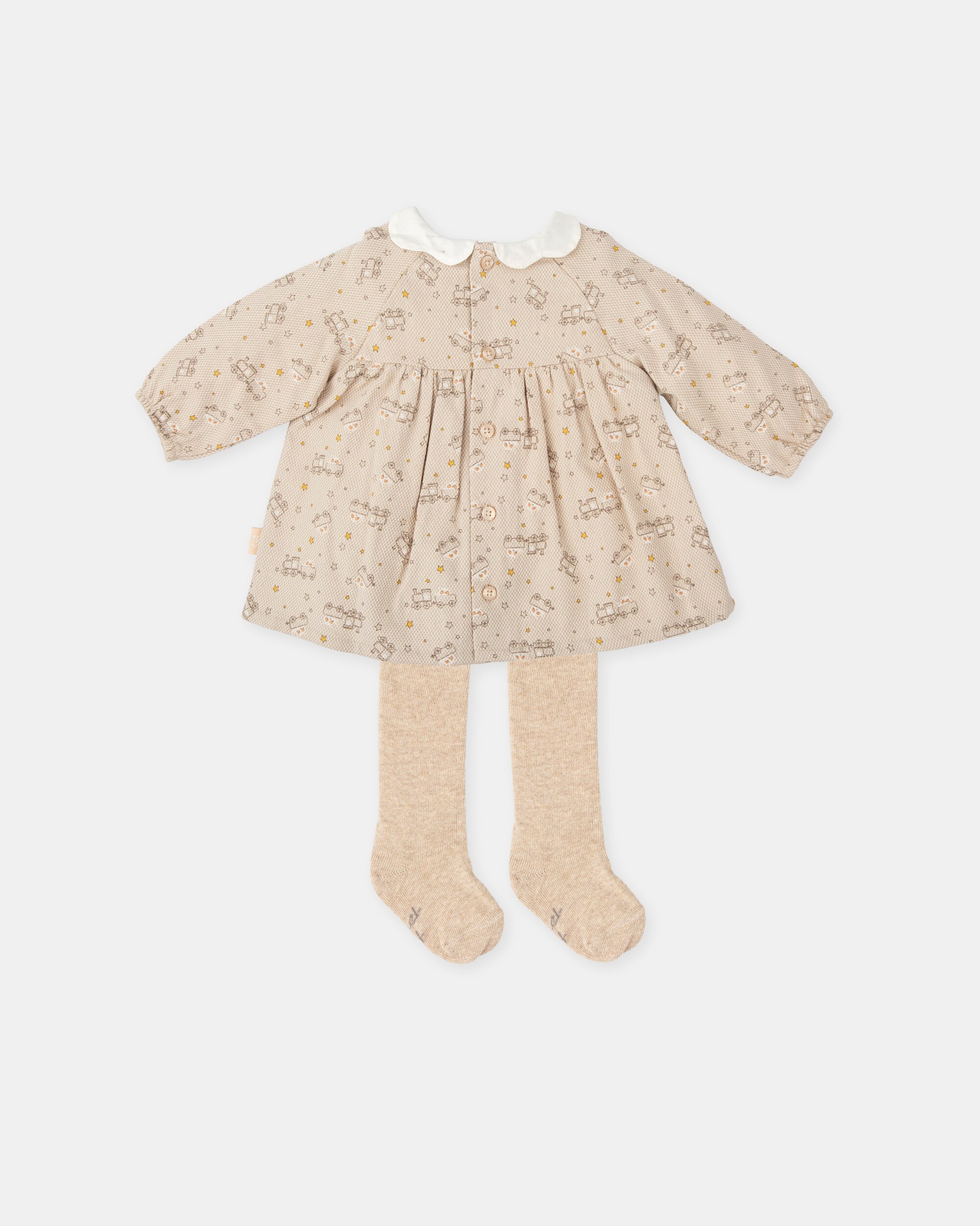 Conjunto para Bebé de Vestido Trens em Areia e Collants Tutto Piccolo Castanho-claro-2