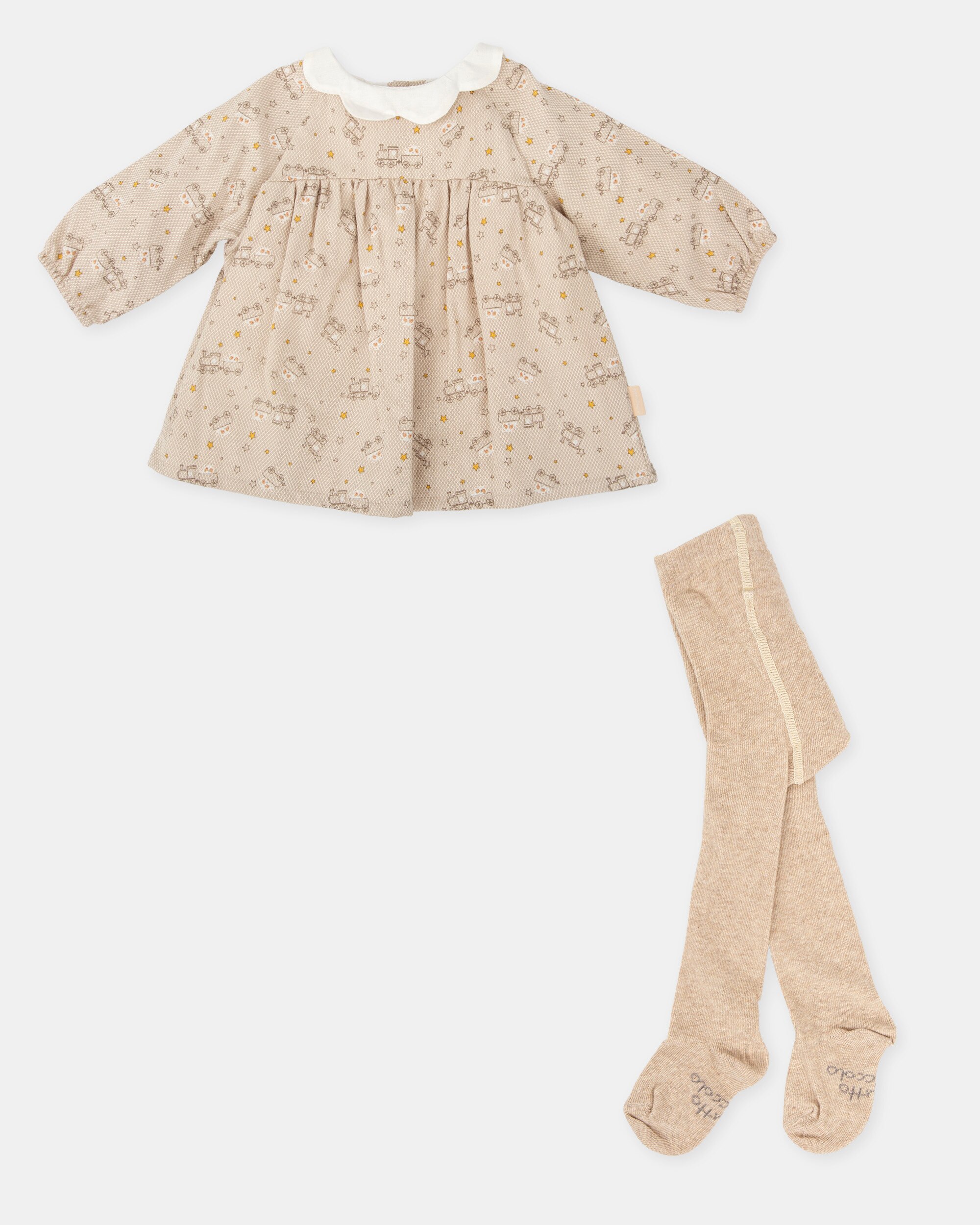 Conjunto para Bebé de Vestido Trens em Areia e Collants Tutto Piccolo Castanho-claro-4
