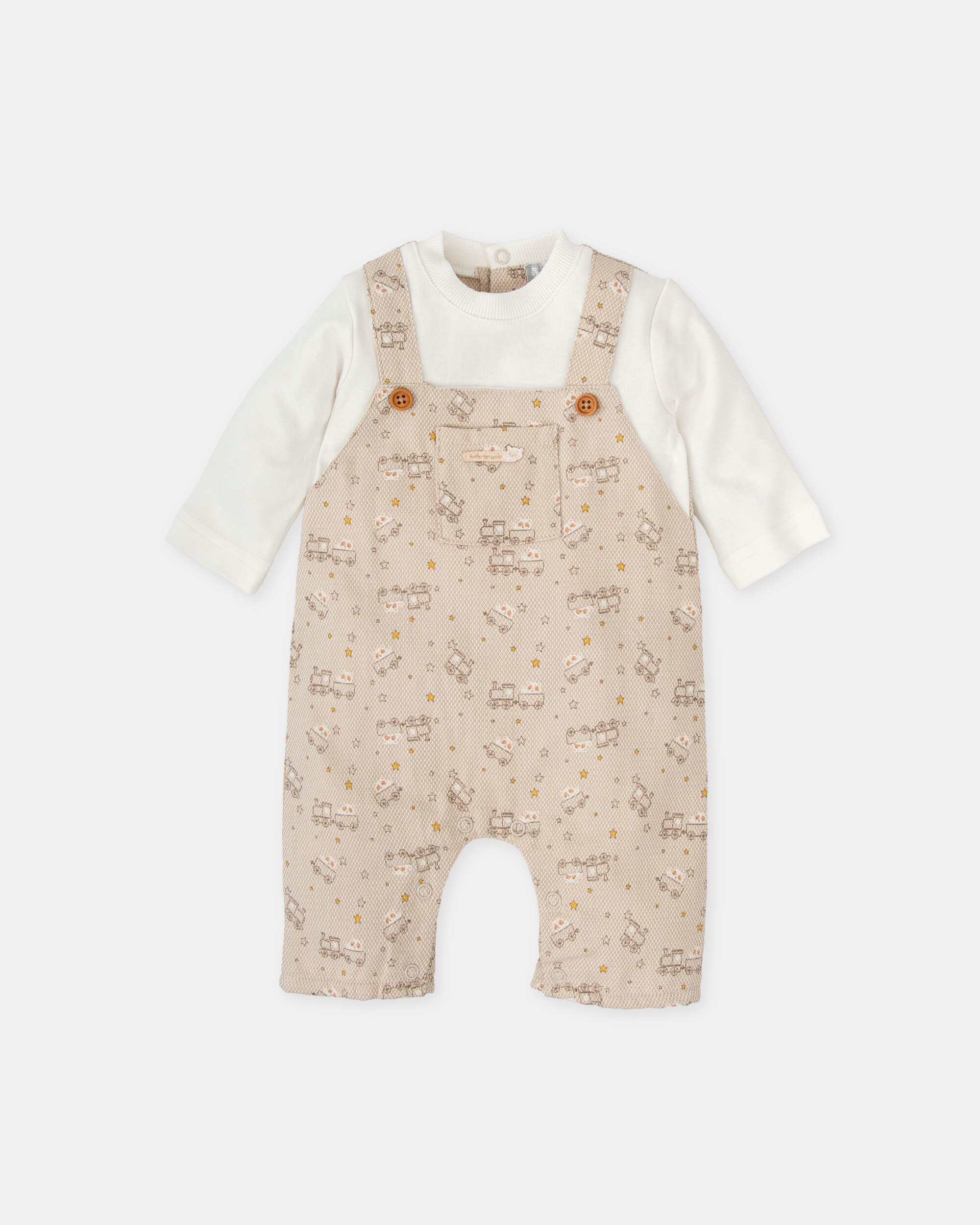 Babygrow para Bebé Efeito 2 em 1 Comboios em Areia Tutto Piccolo Castanho-claro-1