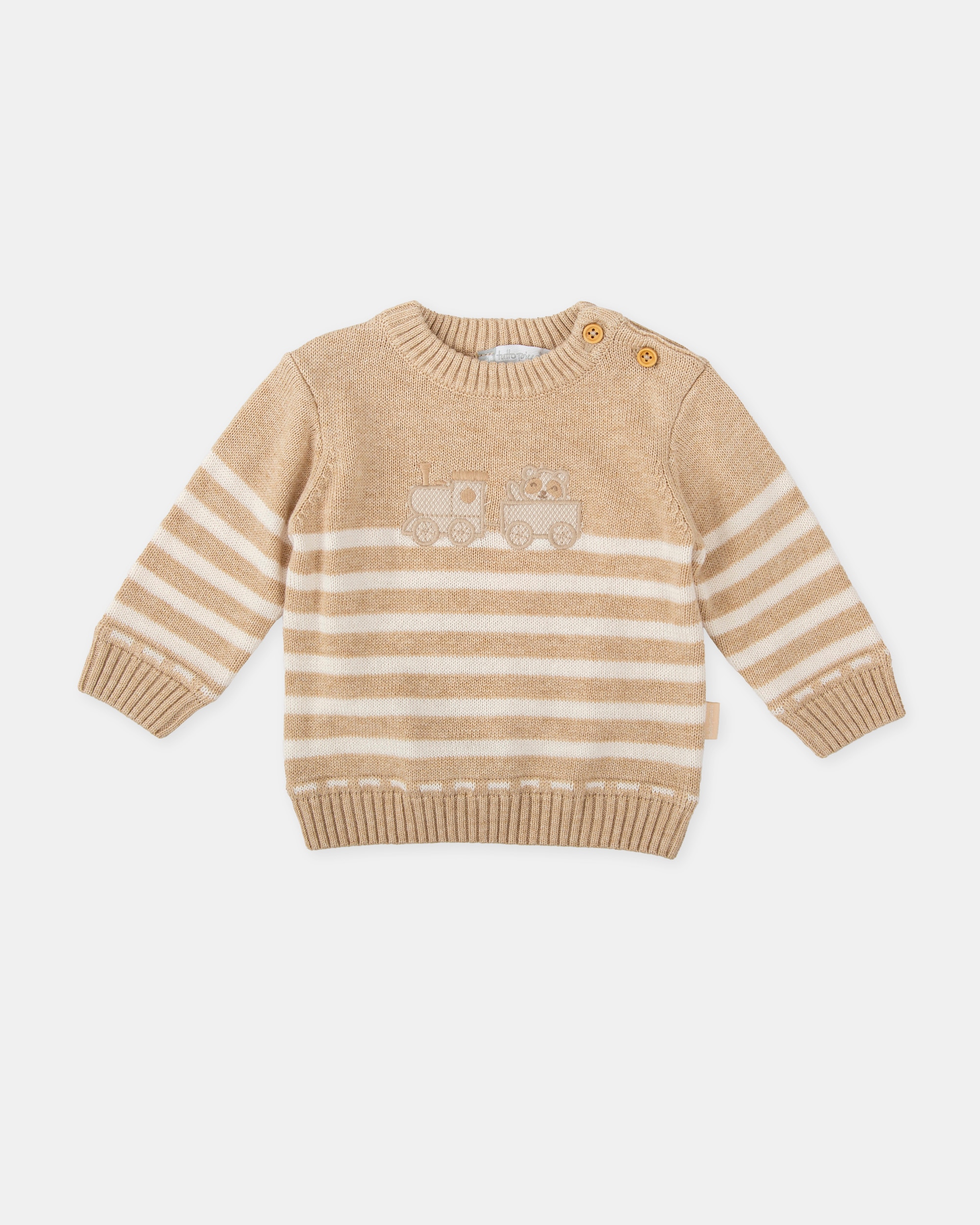 Camisola de Tricot para Bebé em Areia com Comboio Bordado Tutto Piccolo Castanho-claro-1