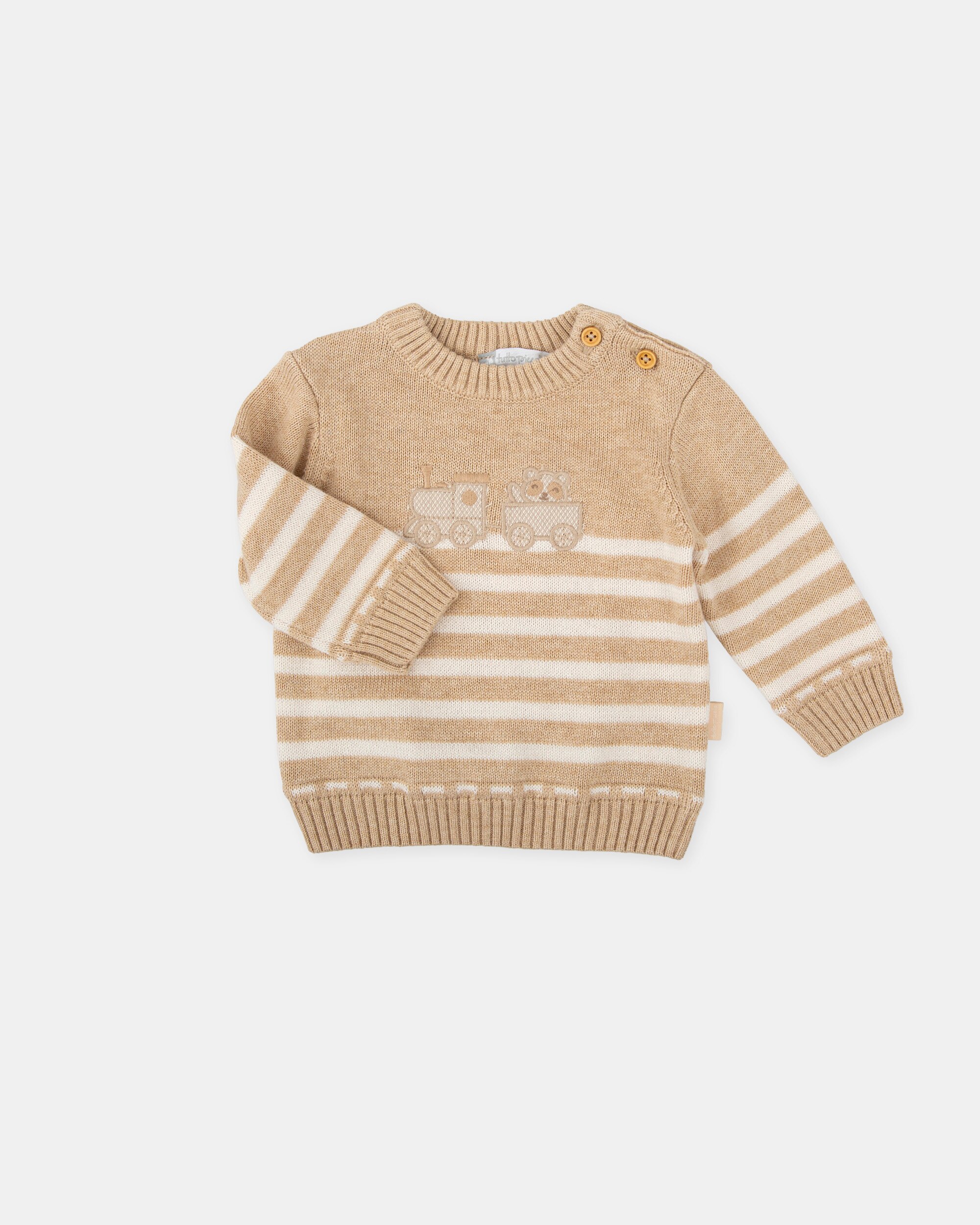 Camisola de Tricot para Bebé em Areia com Comboio Bordado Tutto Piccolo Castanho-claro-4