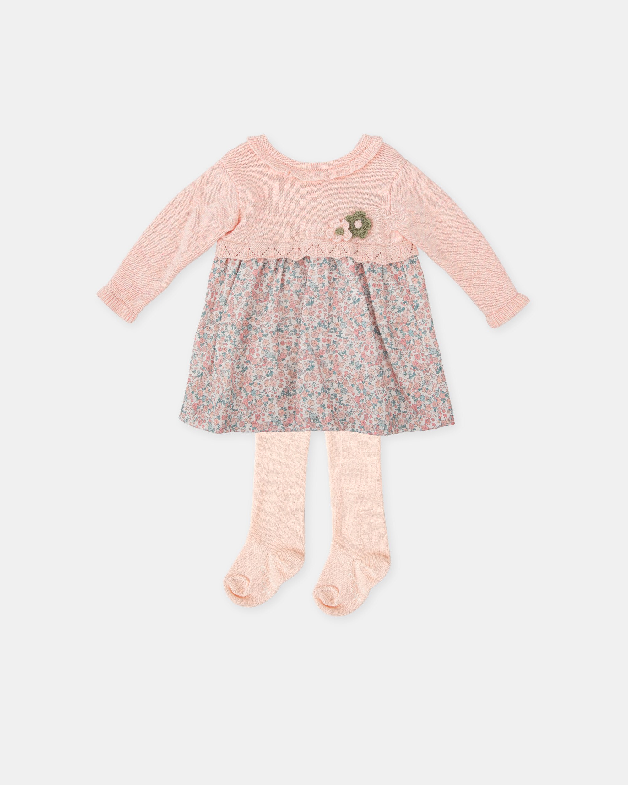 Conjunto para Bebé de Vestido Combinado em Tricot e Tecido com Collants Rosa-1