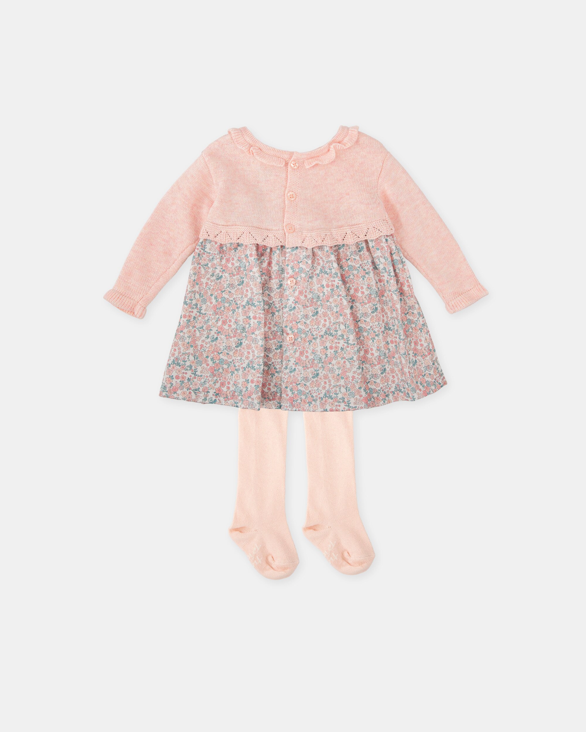 Conjunto para Bebé de Vestido Combinado em Tricot e Tecido com Collants Rosa-2