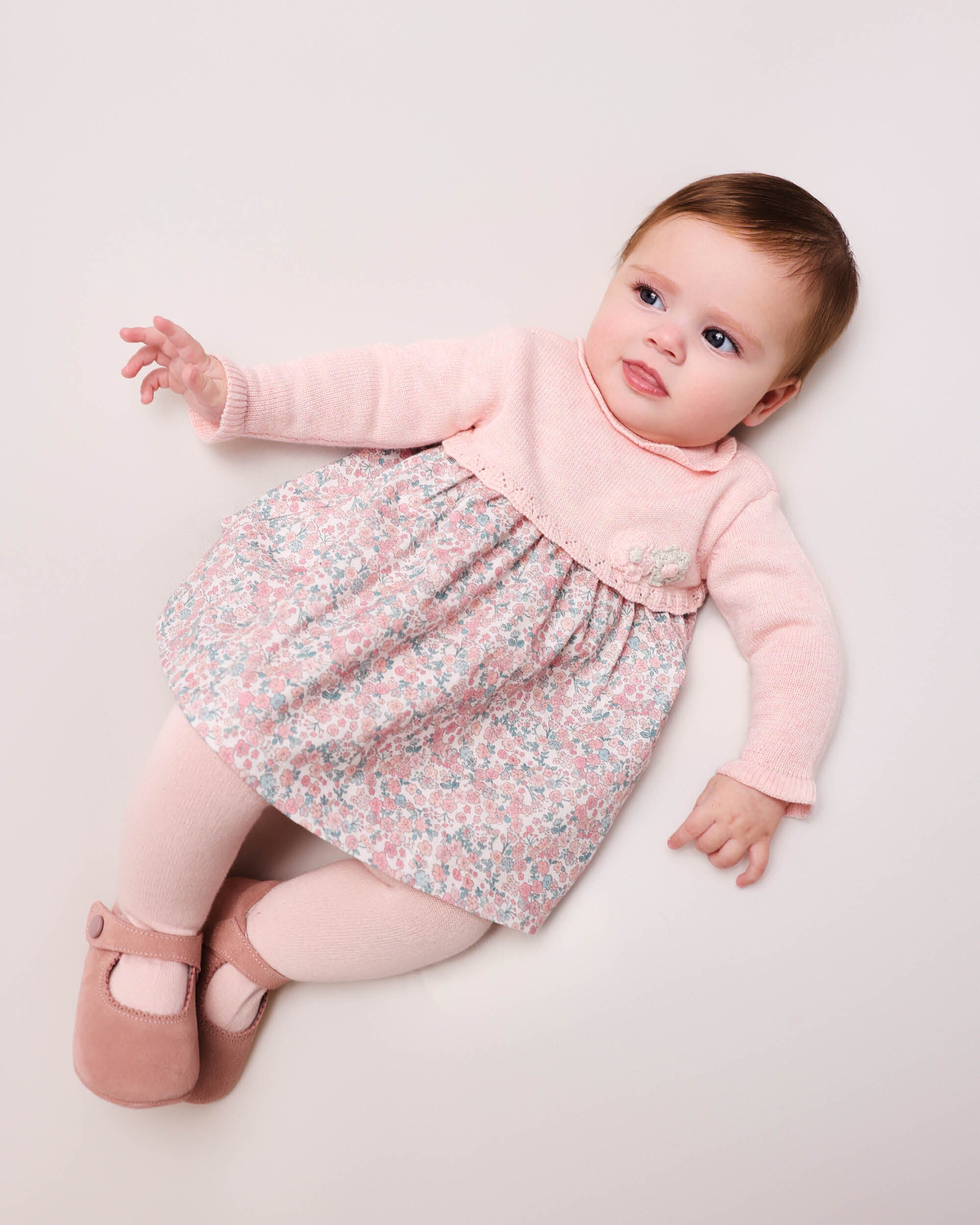 Conjunto para Bebé de Vestido Combinado em Tricot e Tecido com Collants Rosa-3