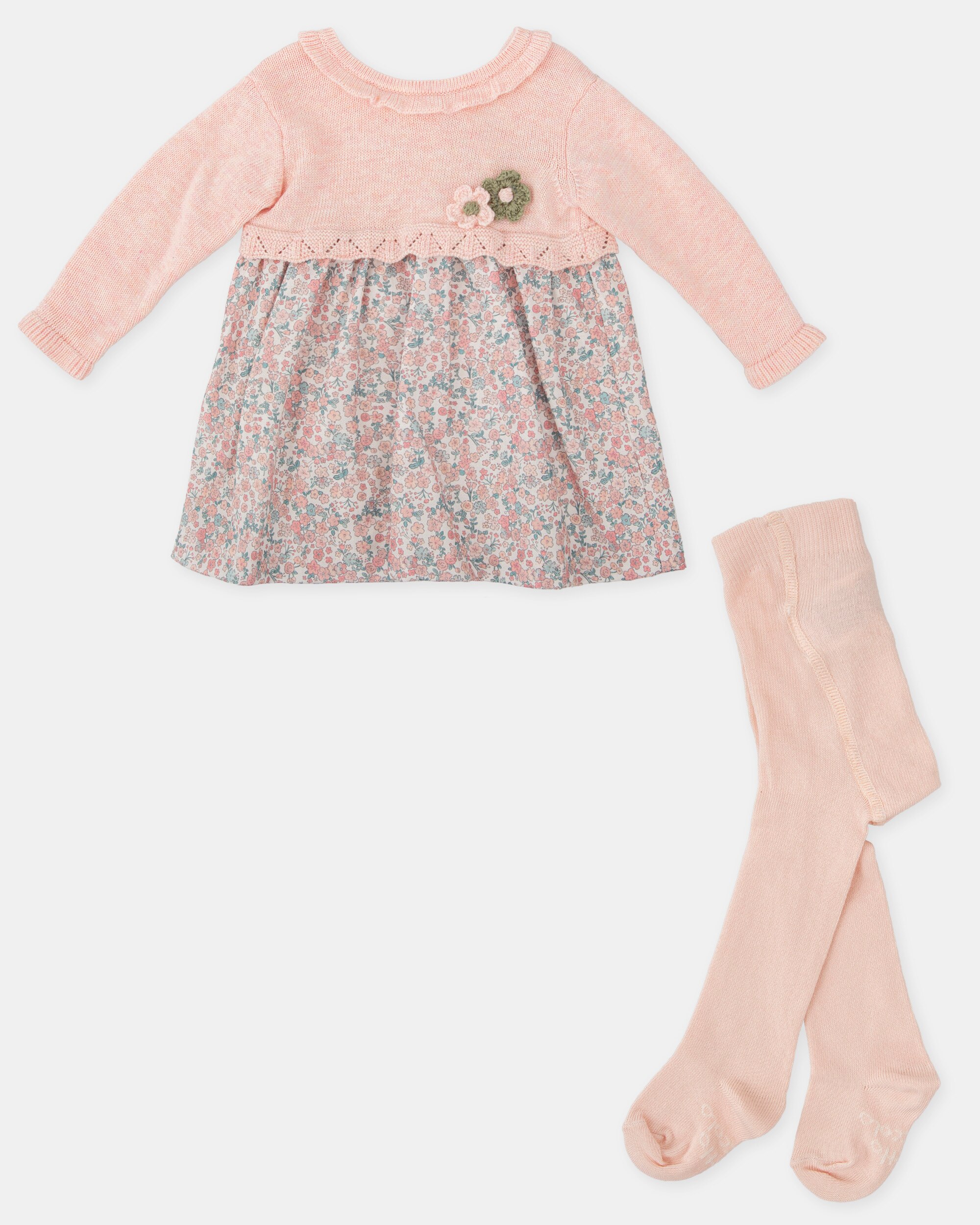Conjunto para Bebé de Vestido Combinado em Tricot e Tecido com Collants Rosa-4