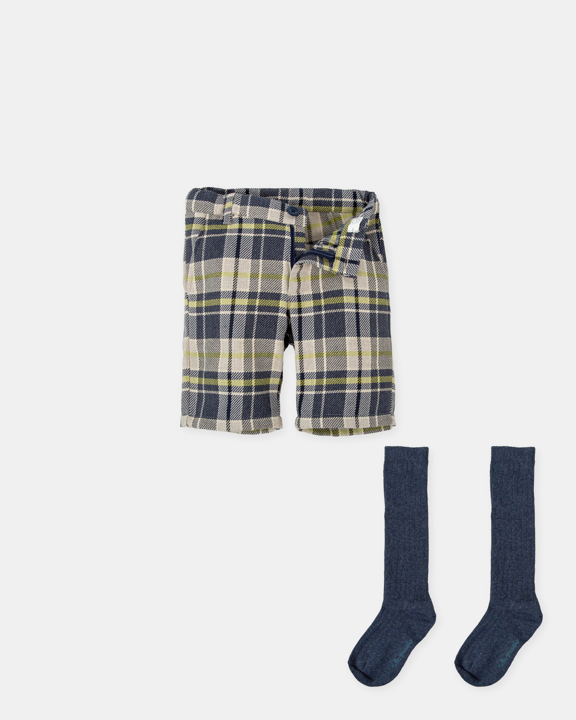 Conjunto Infantil de Bermuda aos Quadrados em Marinho com Meias Tutto Piccolo Azul-marinho-3