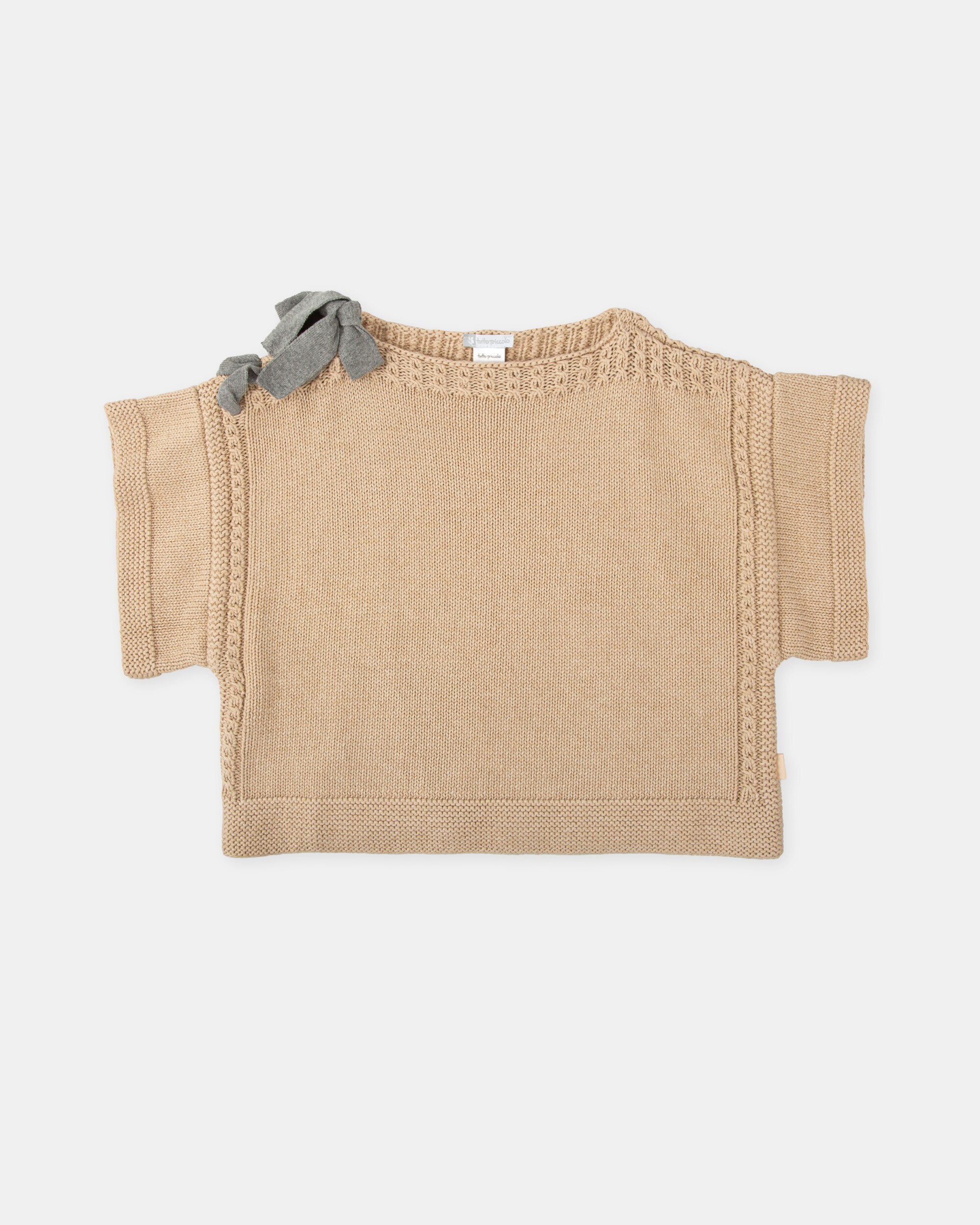 Camisola de Tricot em Areia com Laço na Gola Infantil Tutto Piccolo Castanho-1
