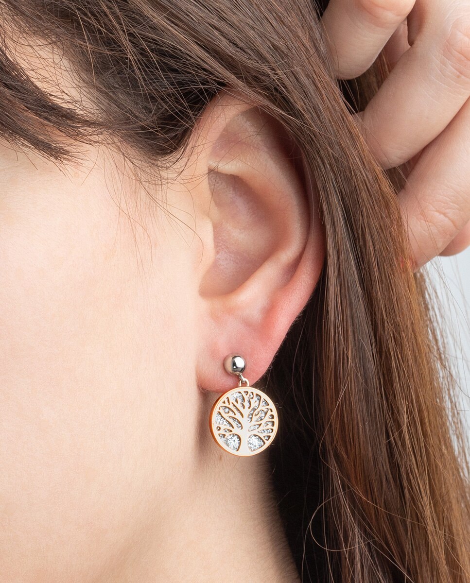 Brincos Lotus Style Ls2225-4/2 Tree Of Life de Aço Inoxidável com Acabamento Brilhante Prata / Rosa-2