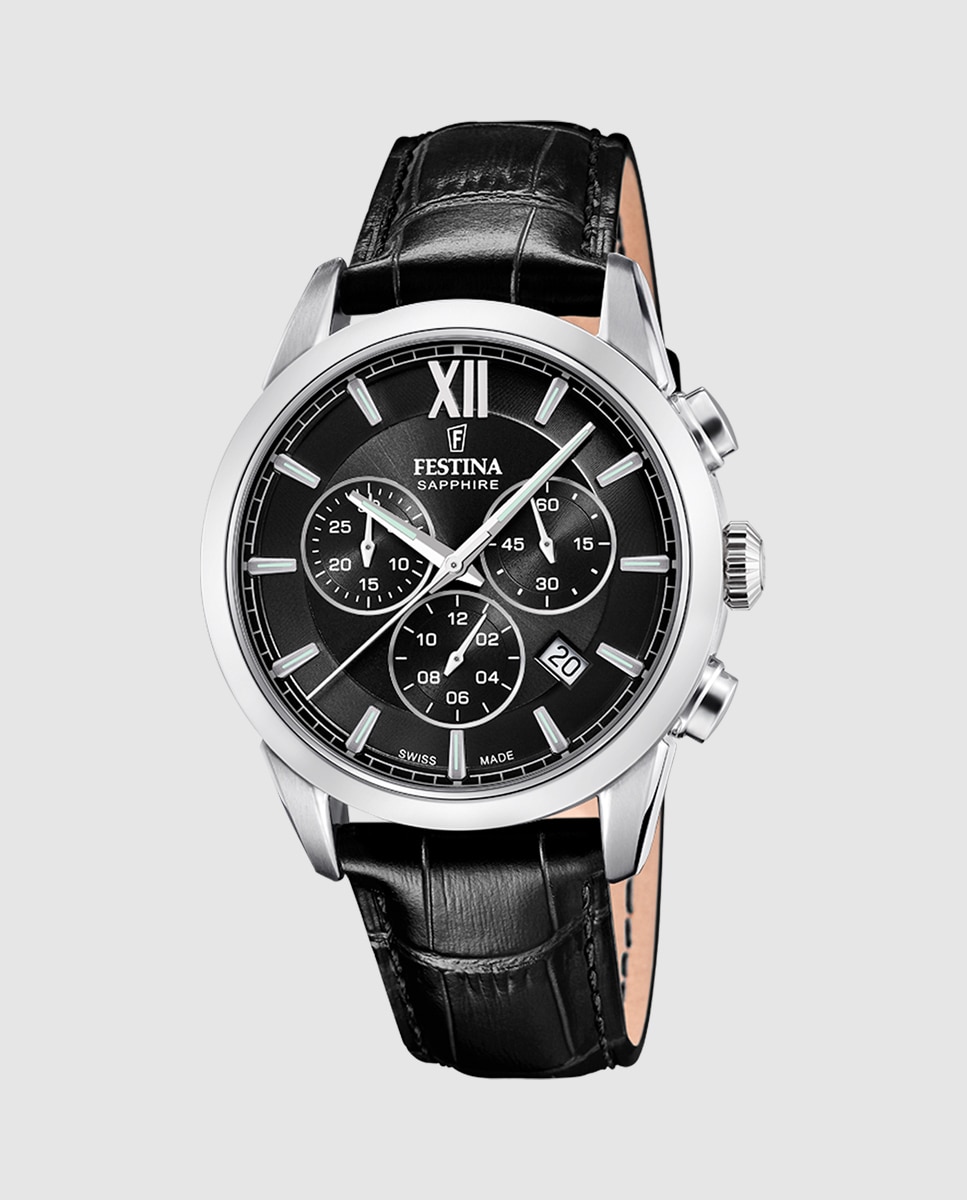 Relógio F20041/4 Chrono Swiss Made de Pele em Preto Preto-1