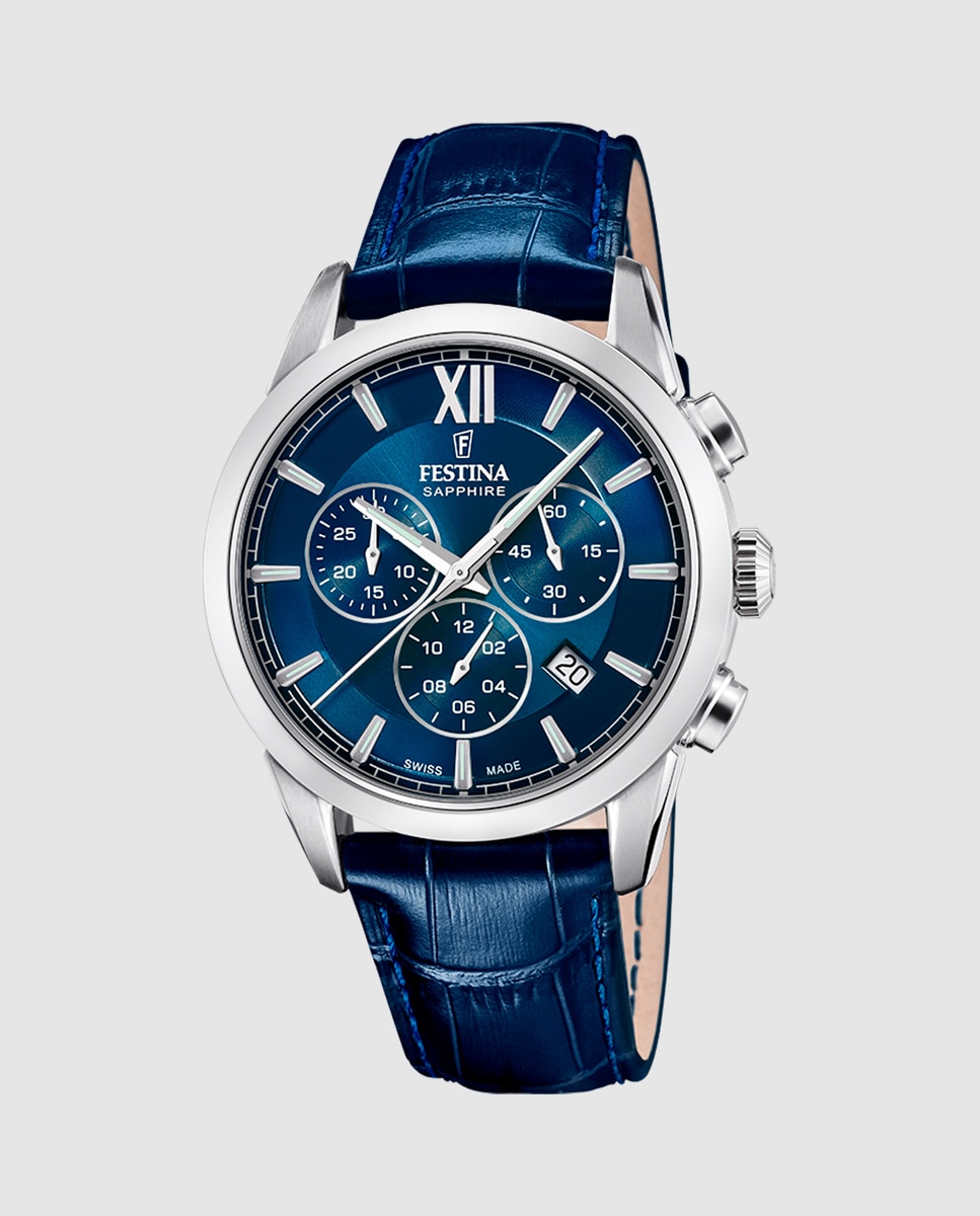 Relógio F20041/2 Chrono Swiss Made de Pele em Azul Azul-1