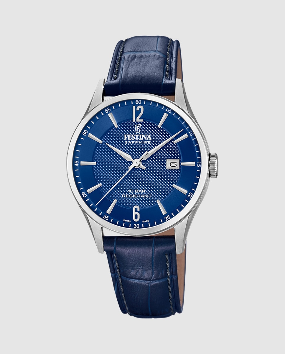 Relógio F20007/6 Swiss Made com Correia Clássico de Pele em Azul Azul-1