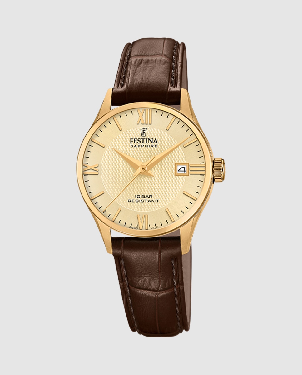 Relógio F20011/6 Swiss Made com Bracelete Clássico de Pele em Castanho Castanho-1