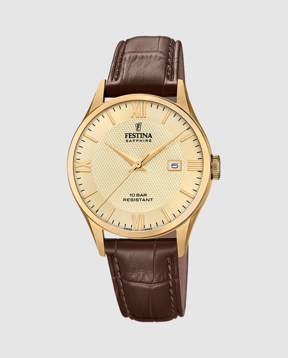 Relógio F20010/5 Swiss Made com Bracelete Clássico de Pele em Castanho Castanho-1