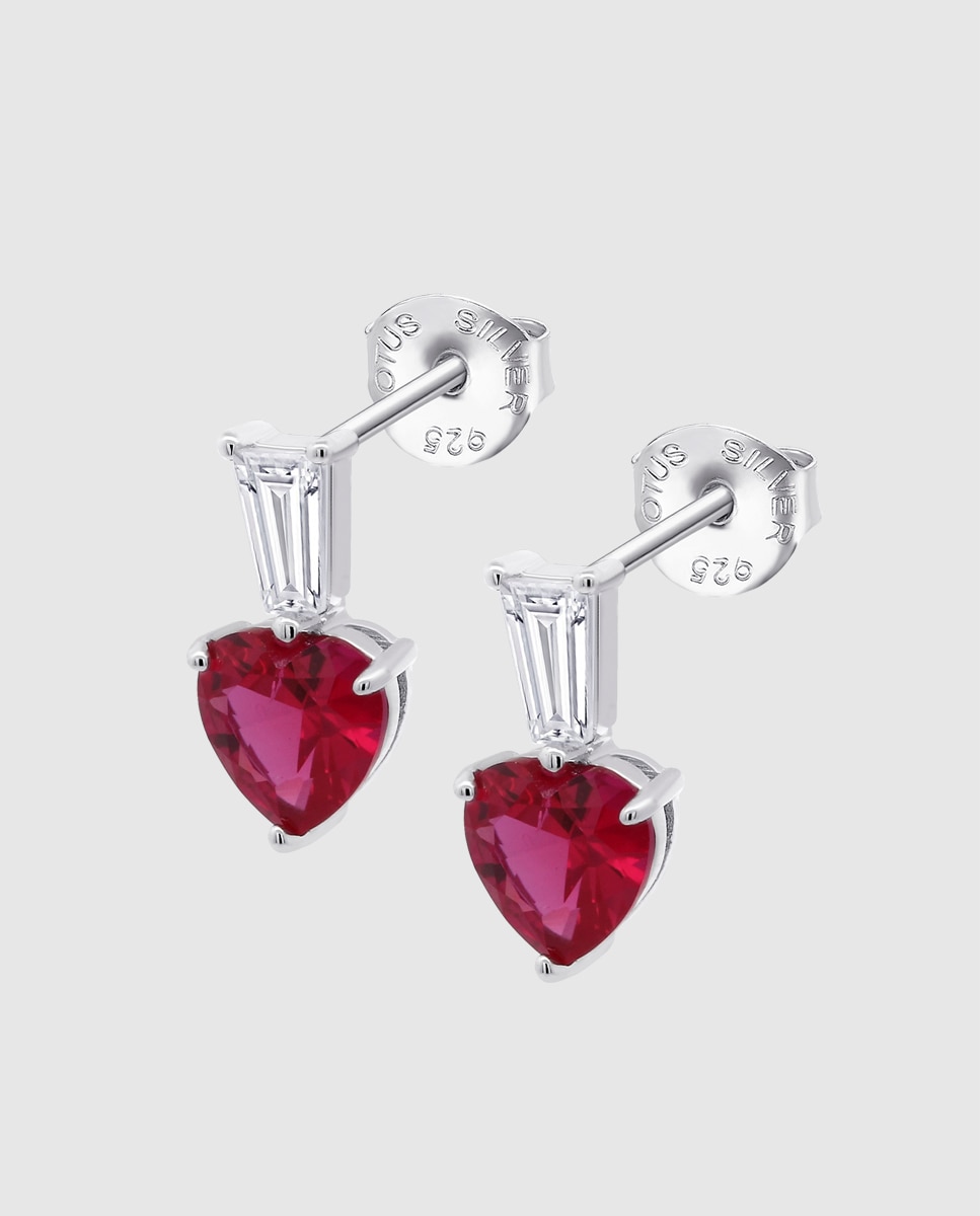 Brincos Lotus Silver Lp3893-4/1 Colors de Prata com Acabamento Brilhante e Zircónias com Motivo Coração Vermelho-1