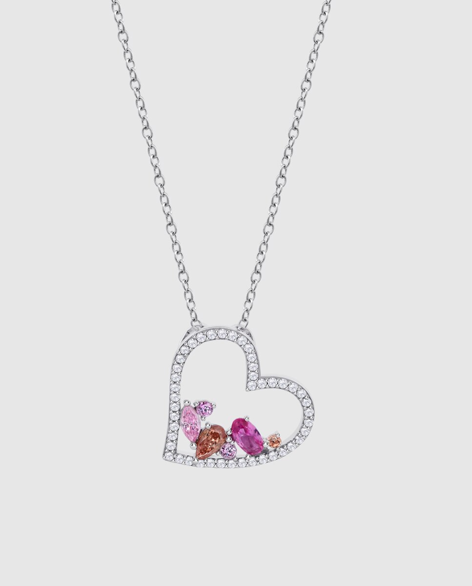 Colar Lotus Silver Lp3914-1/1 Colors de Prata com Acabamento Brilhante e Zirconita e Motivo Coração Rosa-1