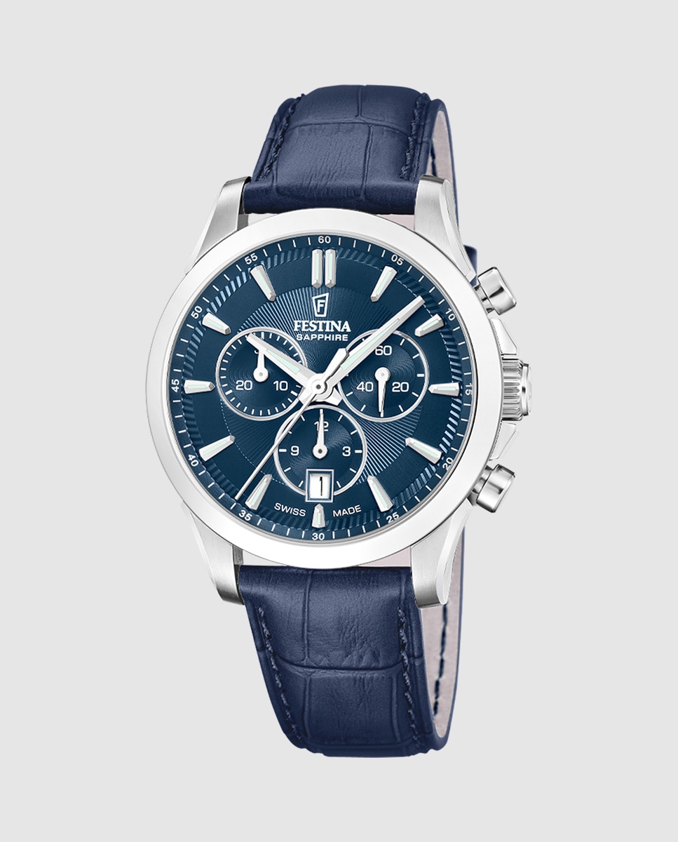 Relógio Analógico F20094 3 Chrono Swiss Made de Pele em Azul Azul-1