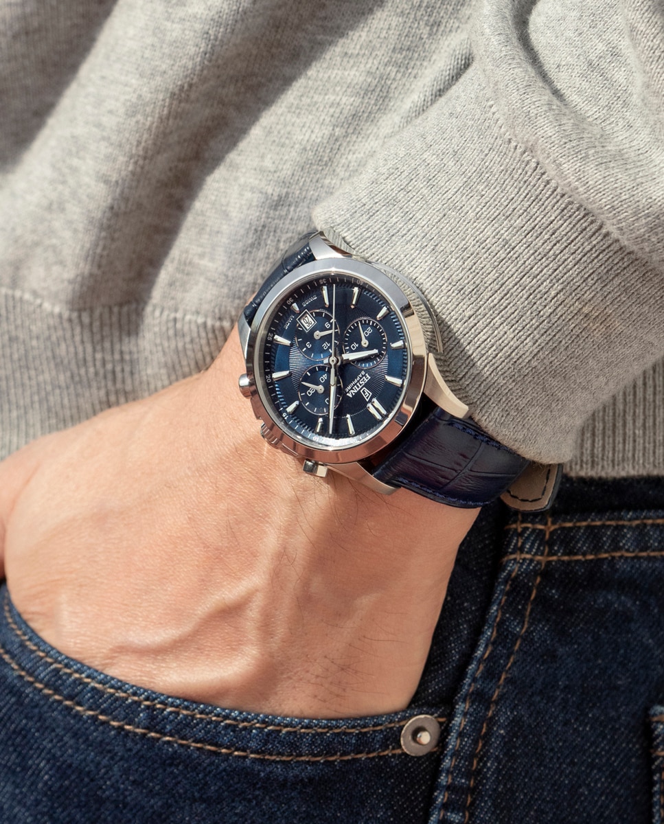 Relógio Analógico F20094 3 Chrono Swiss Made de Pele em Azul Azul-5