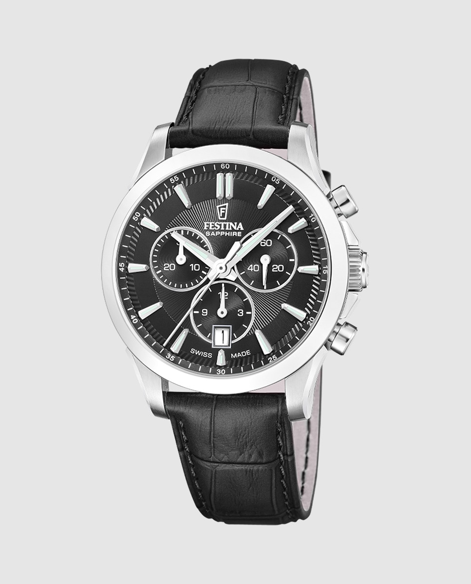 Relógio Analógico F20094 5 Chrono Swiss Made de Pele em Preto Preto / Prata-1