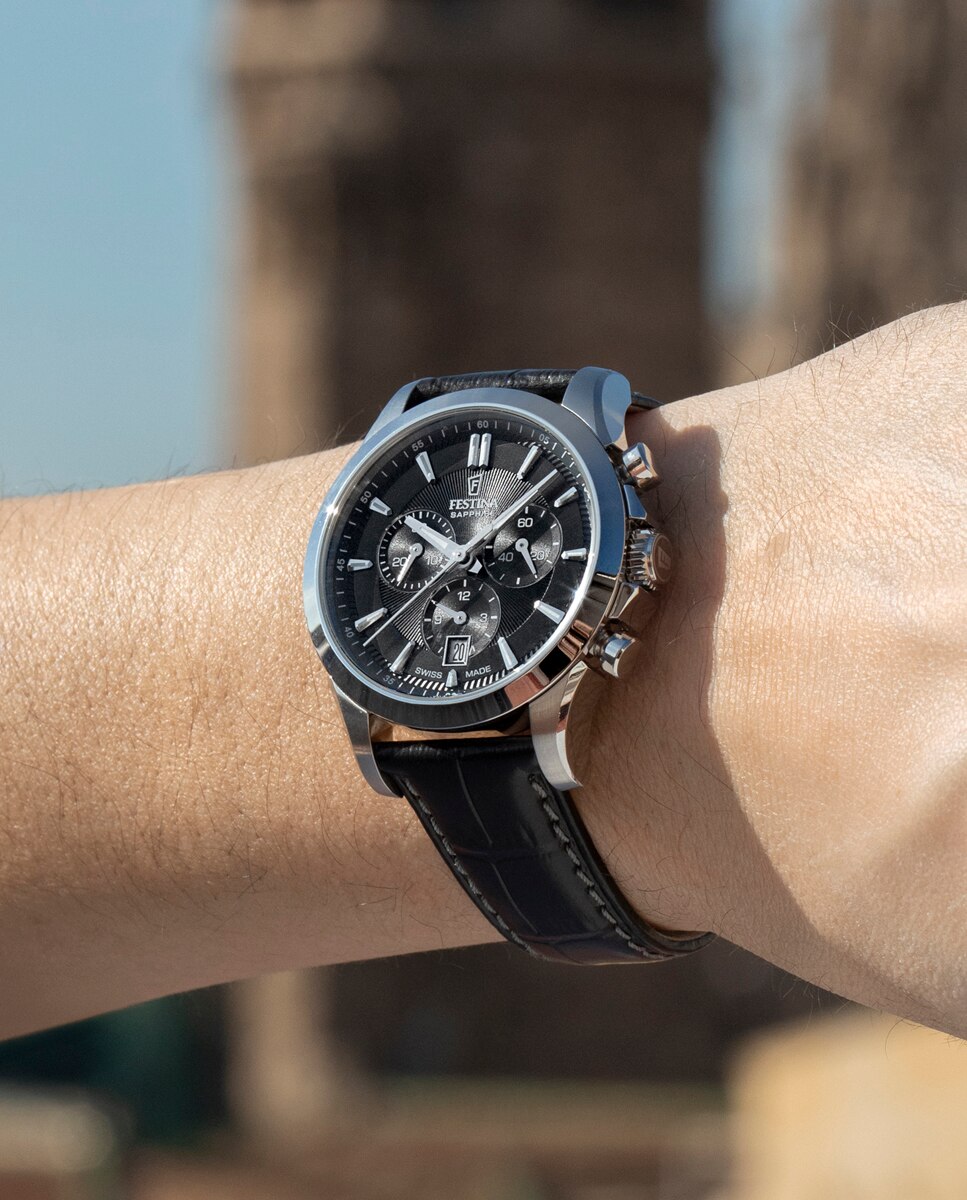 Relógio Analógico F20094 5 Chrono Swiss Made de Pele em Preto Preto / Prata-5