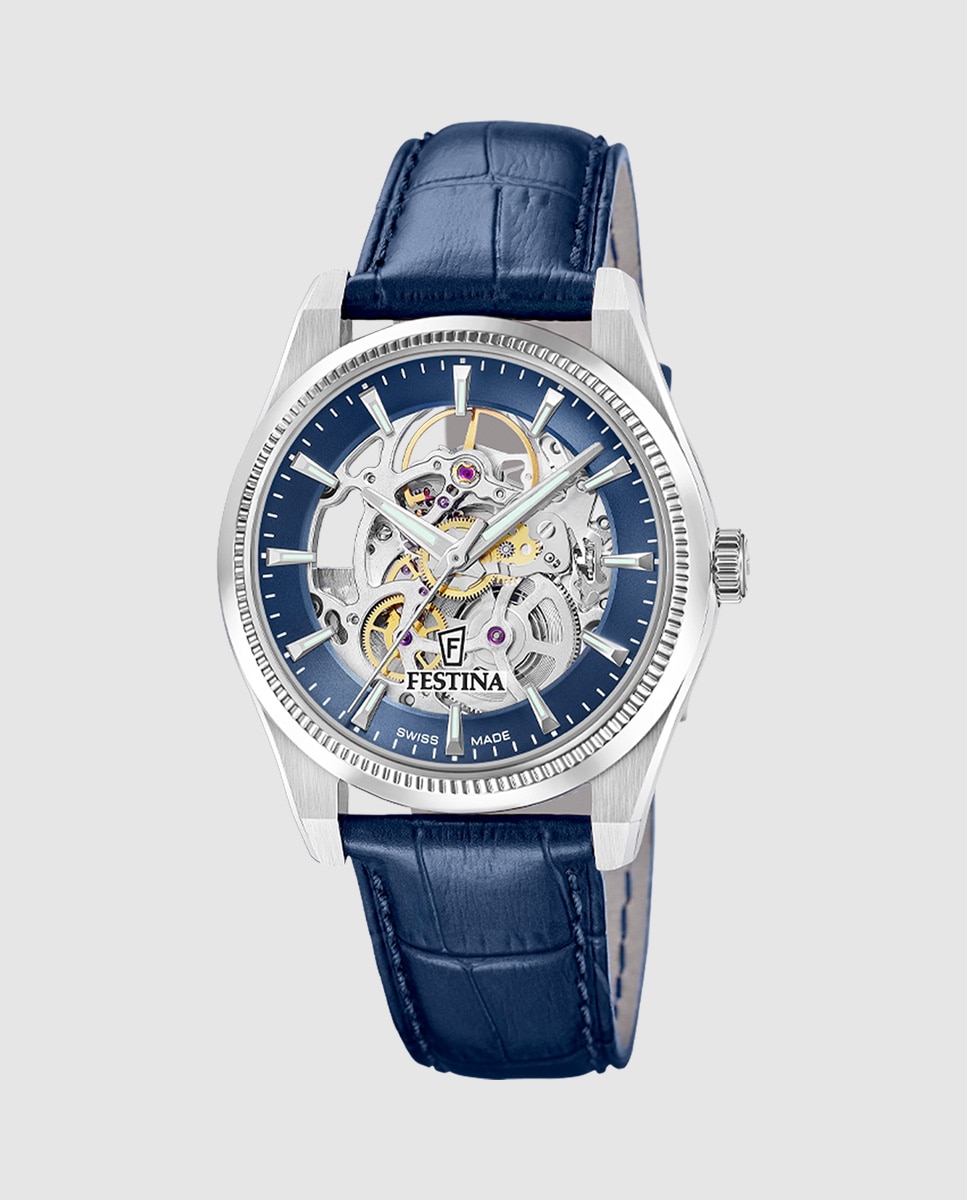 Relógio Automático F20095 2 Swiss Made Automatico de Pele em Azul Azul-1