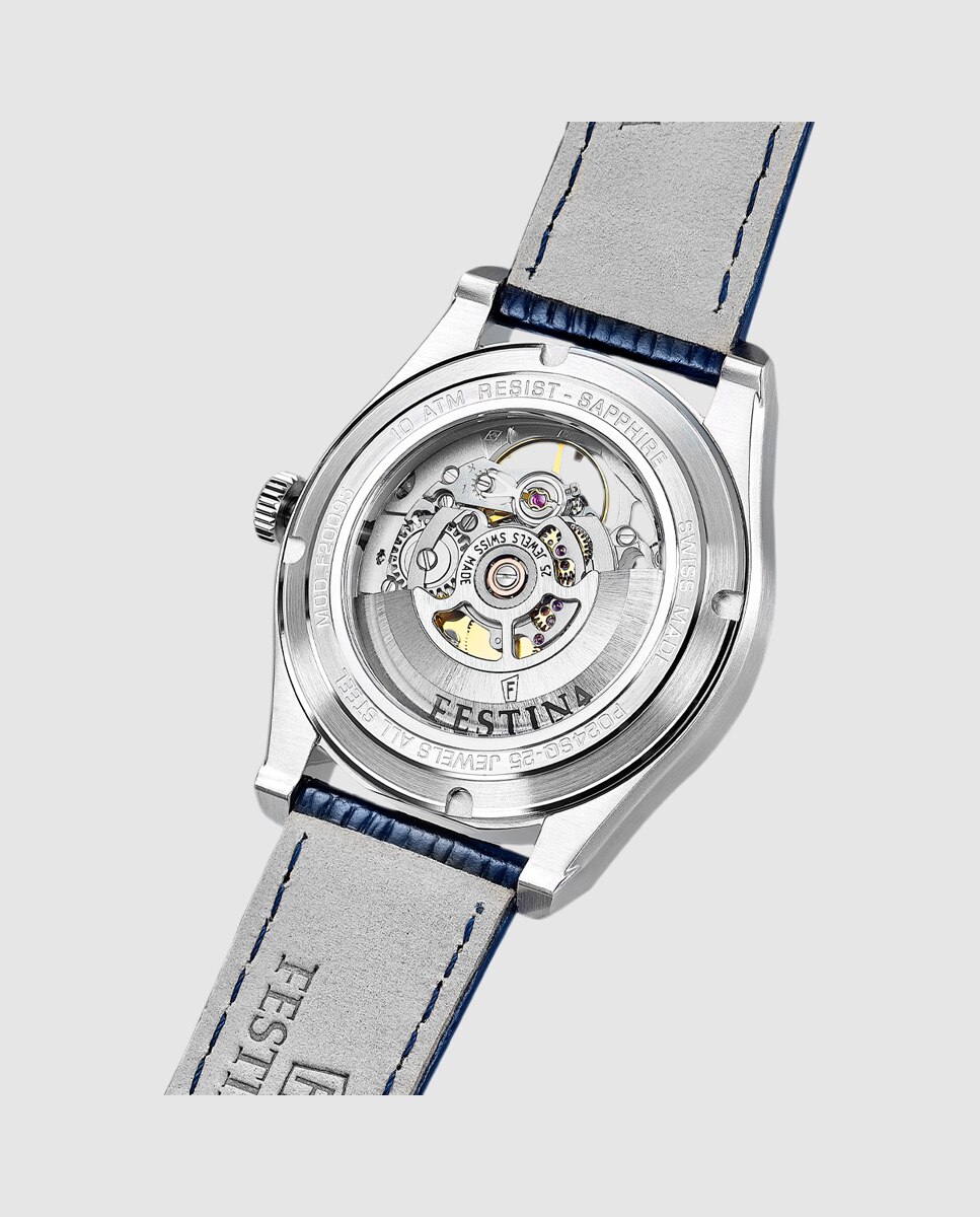 Relógio Automático F20095 2 Swiss Made Automatico de Pele em Azul Azul-2