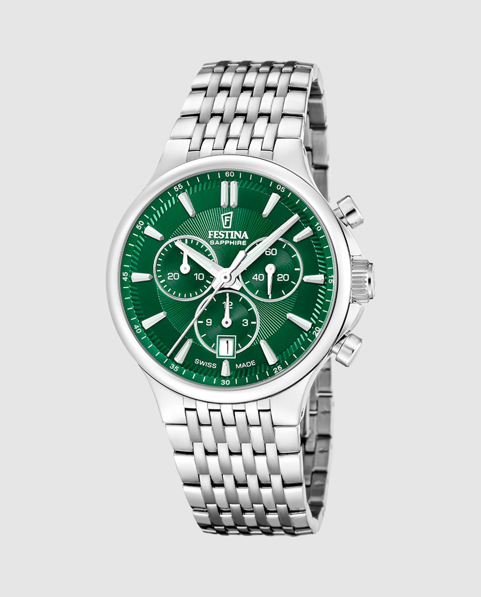 Relógio Analógico F20093 3 Chrono Swiss Made de Aço Prateado Verde-1