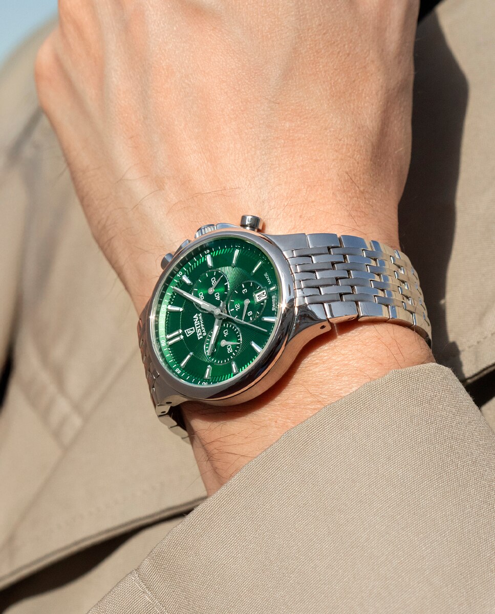 Relógio Analógico F20093 3 Chrono Swiss Made de Aço Prateado Verde-5