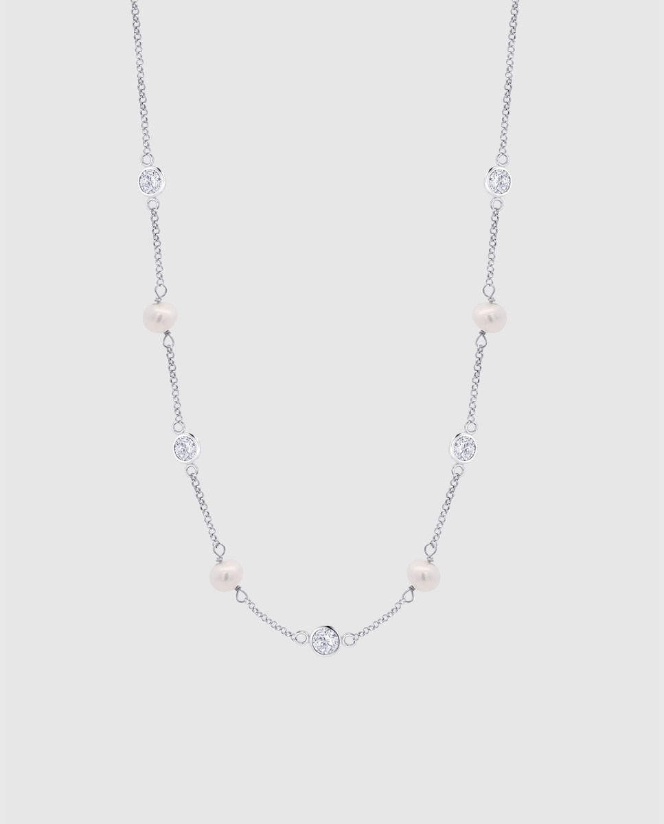 Colar Lotus Silver Lp3923-1 1 Pearls de Prata com Acabamento Brilhante com Zirconita e Motivo Corrente Branco-1