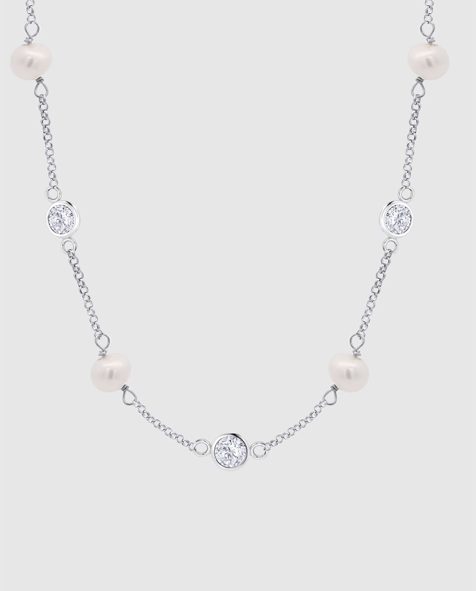 Colar Lotus Silver Lp3923-1 1 Pearls de Prata com Acabamento Brilhante com Zirconita e Motivo Corrente Branco-2