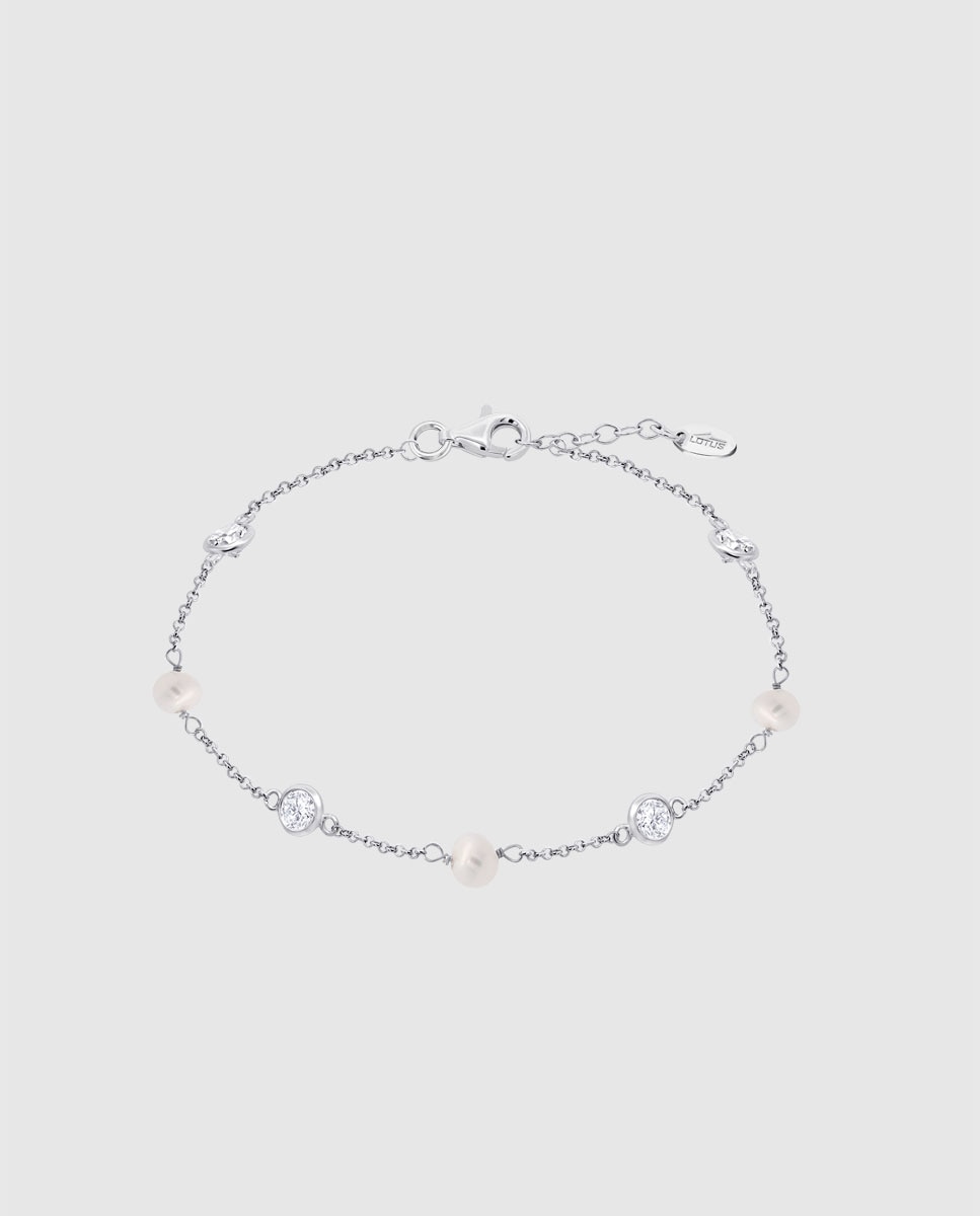 Pulseira Lotus Silver Lp3923-2 1 Pearls de Prata com Acabamento Brilhante e Zirconita e Motivo Corrente com Charms Branco-1