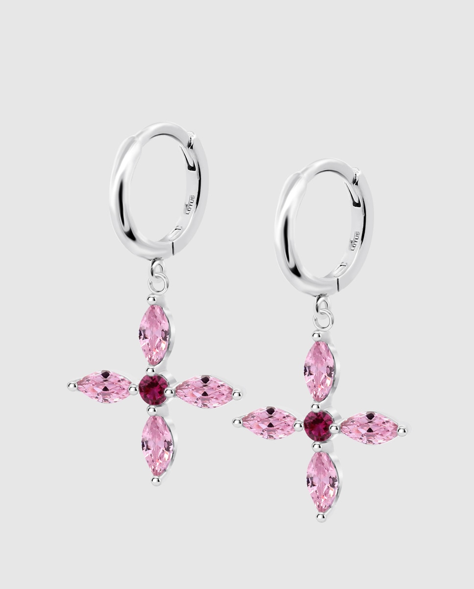 Brincos Lotus Silver Lp3933-4/2 Colors de Prata com Acabamento Brilhante e Zirconita e Motivo Flor Rosa-1