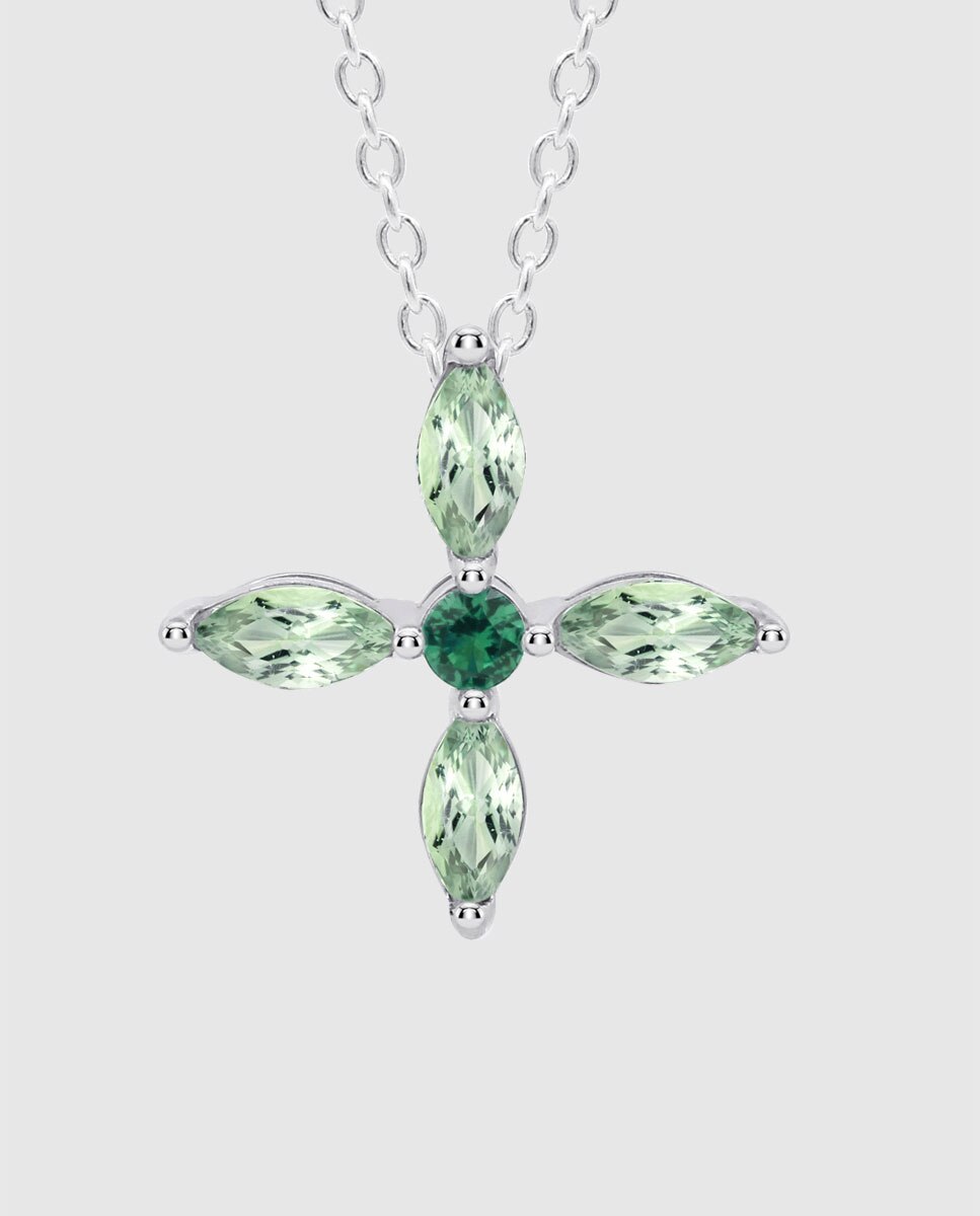 Colar Lotus Silver Lp3933-1 3 Colors de Prata com Acabamento Brilhante e Zirconita e Motivo Flor Verde-2