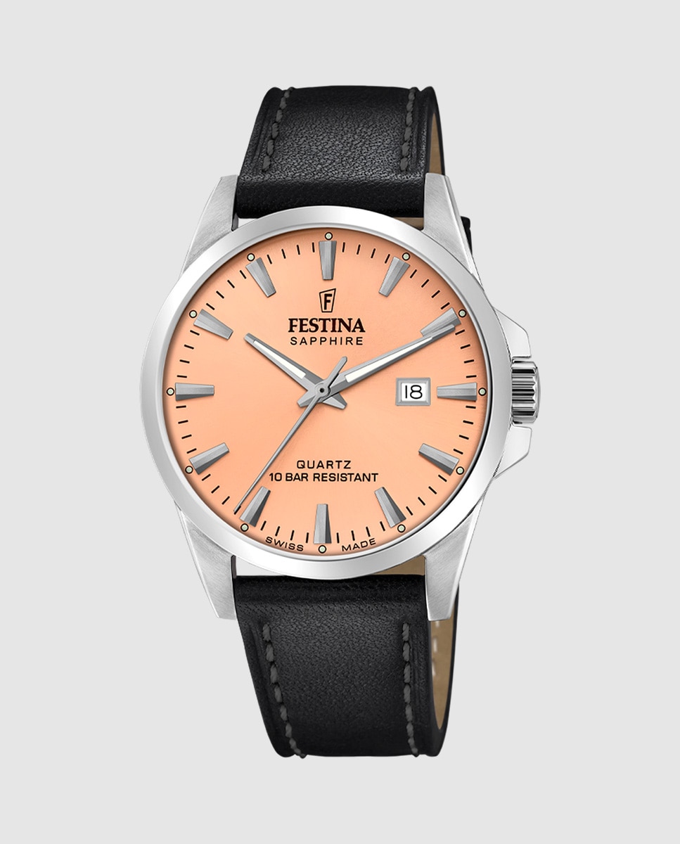 Relógio F20025/6 Swiss Made com Bracelete Clássica de Pele em Preto Preto-1