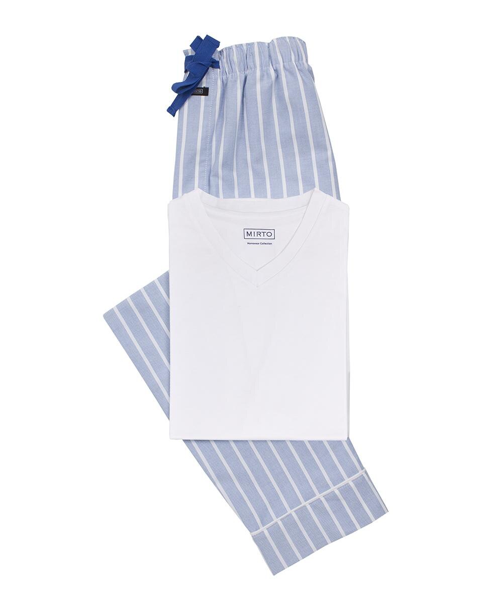 Pijama de Calças Compridas e T-shirt Curta de Tecido e Malha em Azul Azul-3