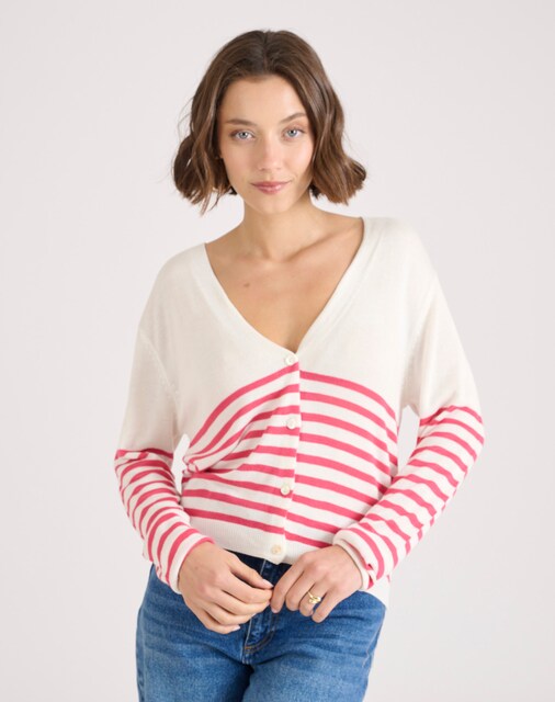 Imagem 0 de Cardigan com Decote em V e Riscas Marinhas
