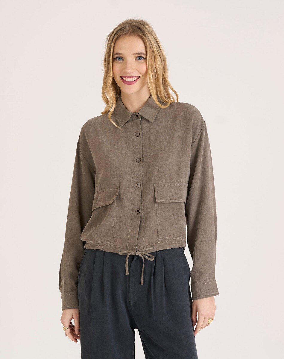Camisa em Tecido Tencel com Bainha Ajustável Caqui-1