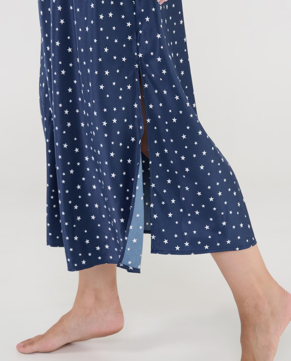 Camisa de Dormir Comprida de Cetim Estampada Azul-marinho-4