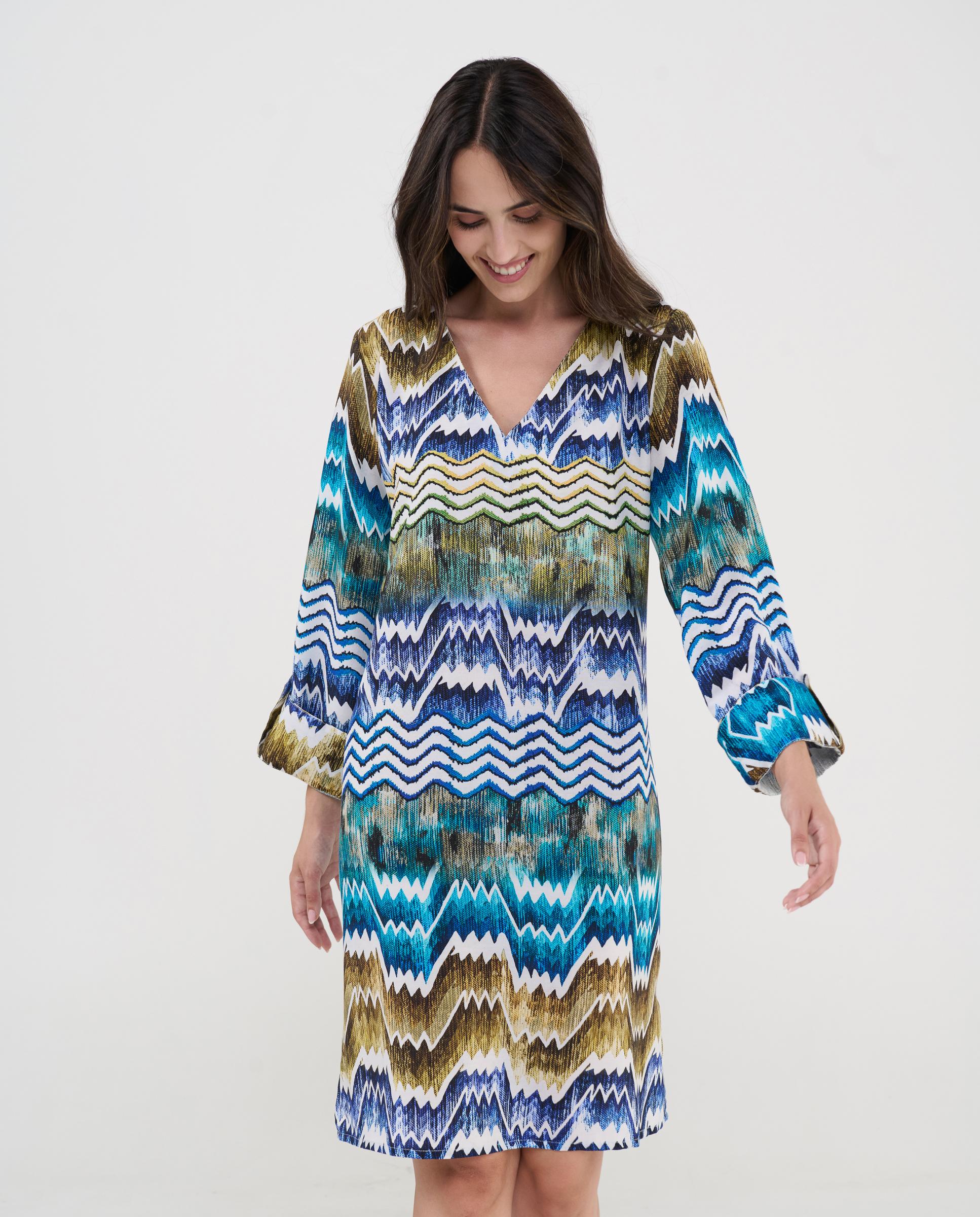 Vestido de Praia com Manga Estampado Azul / Verde-2