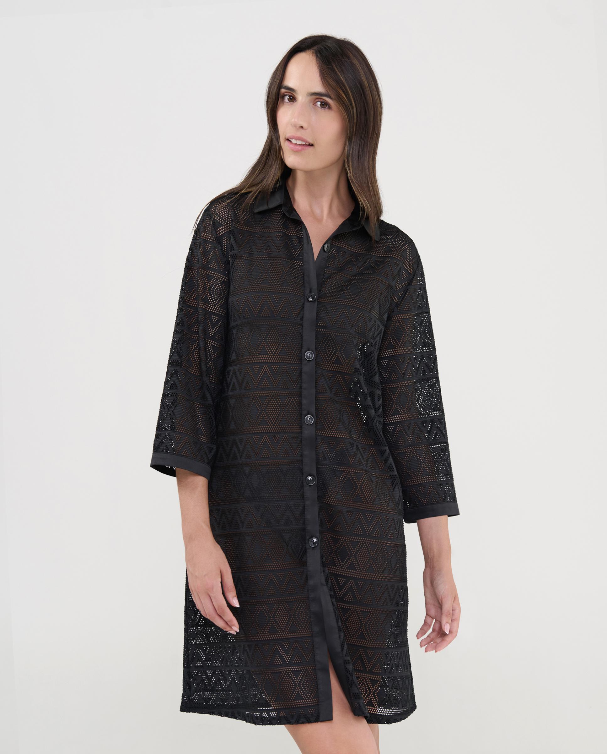 Vestido de Praia Perfurado com Botões Preto-2