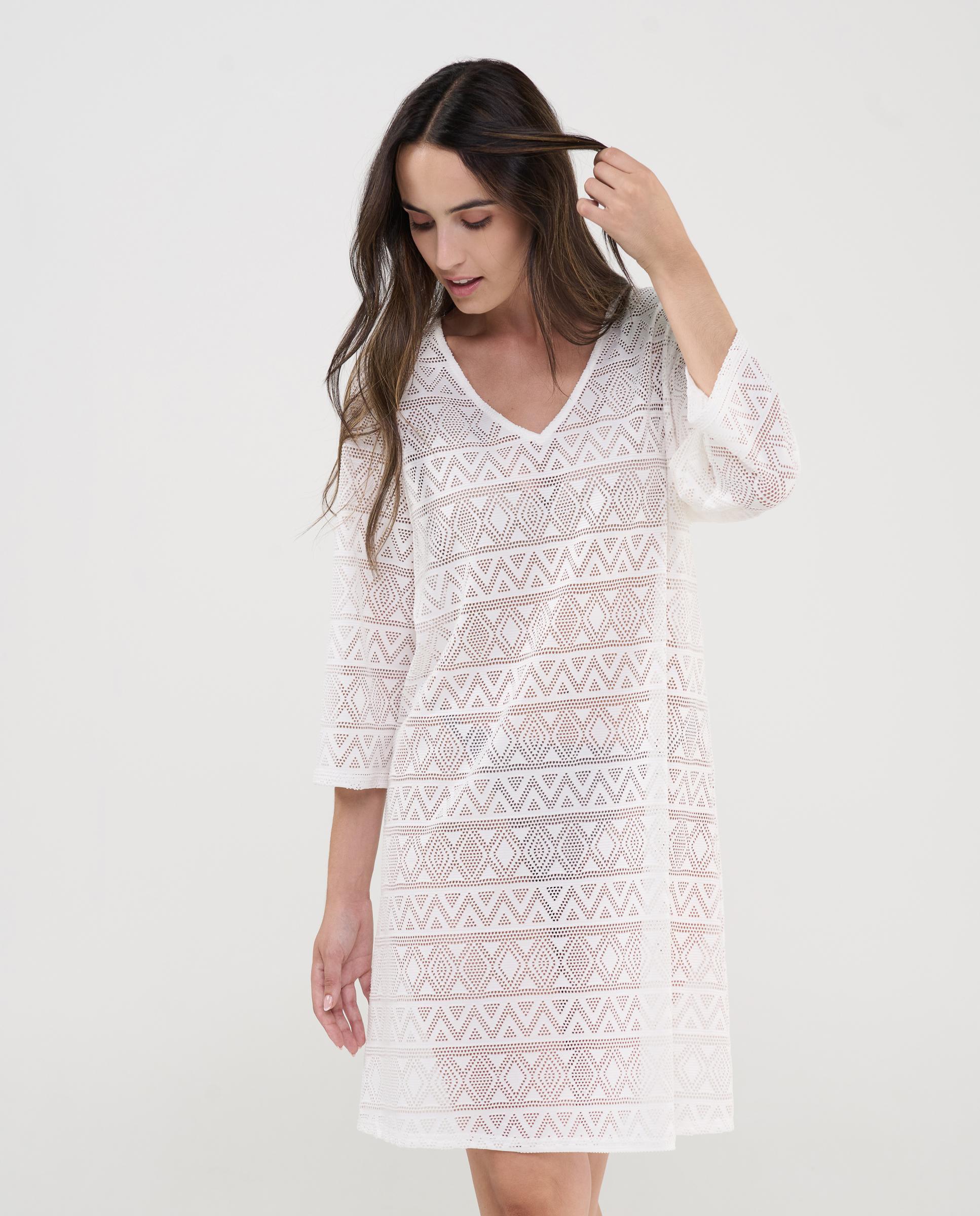 Vestido de Praia Perfurado com Decote em V Branco-2