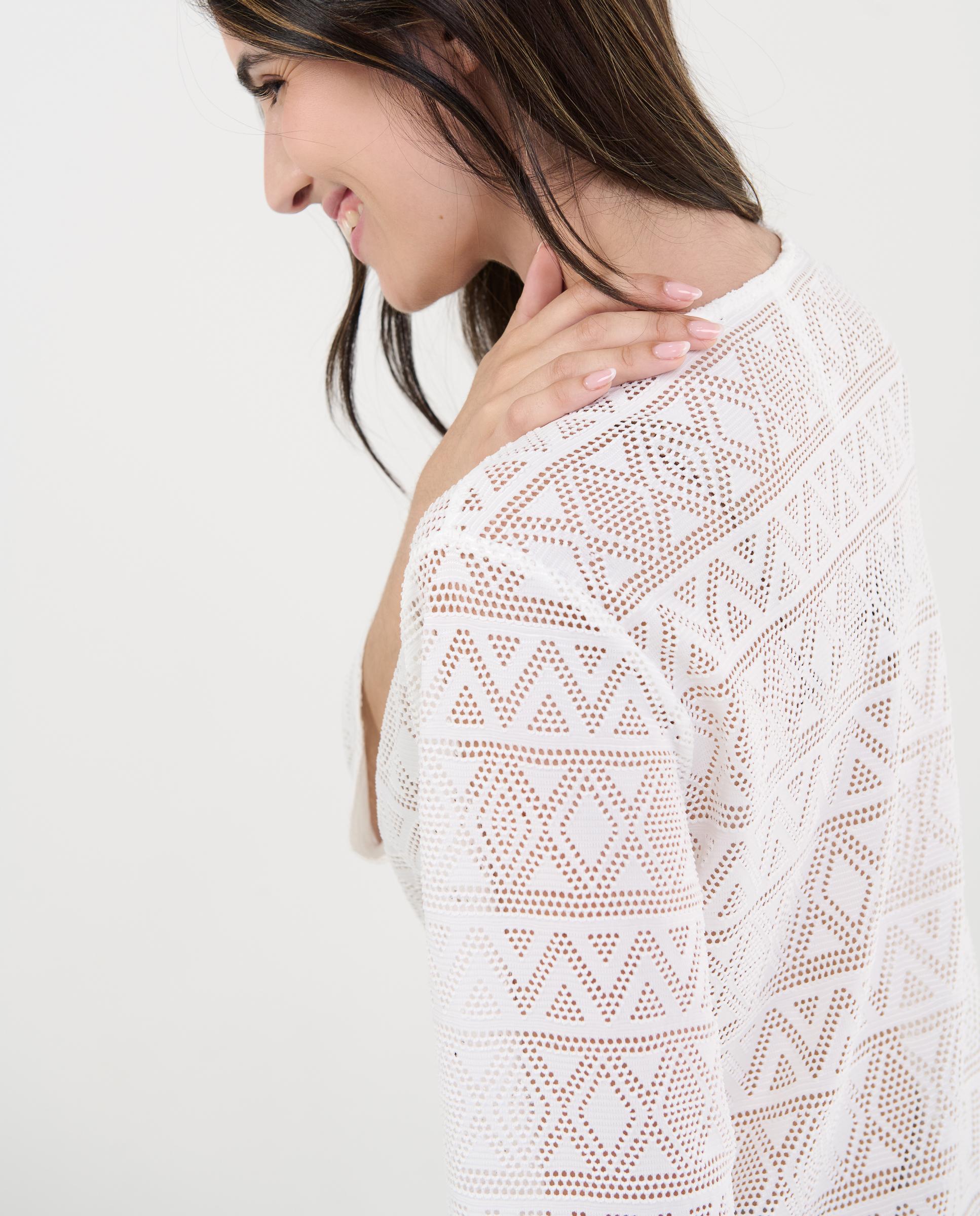 Vestido de Praia Perfurado com Decote em V Branco-4