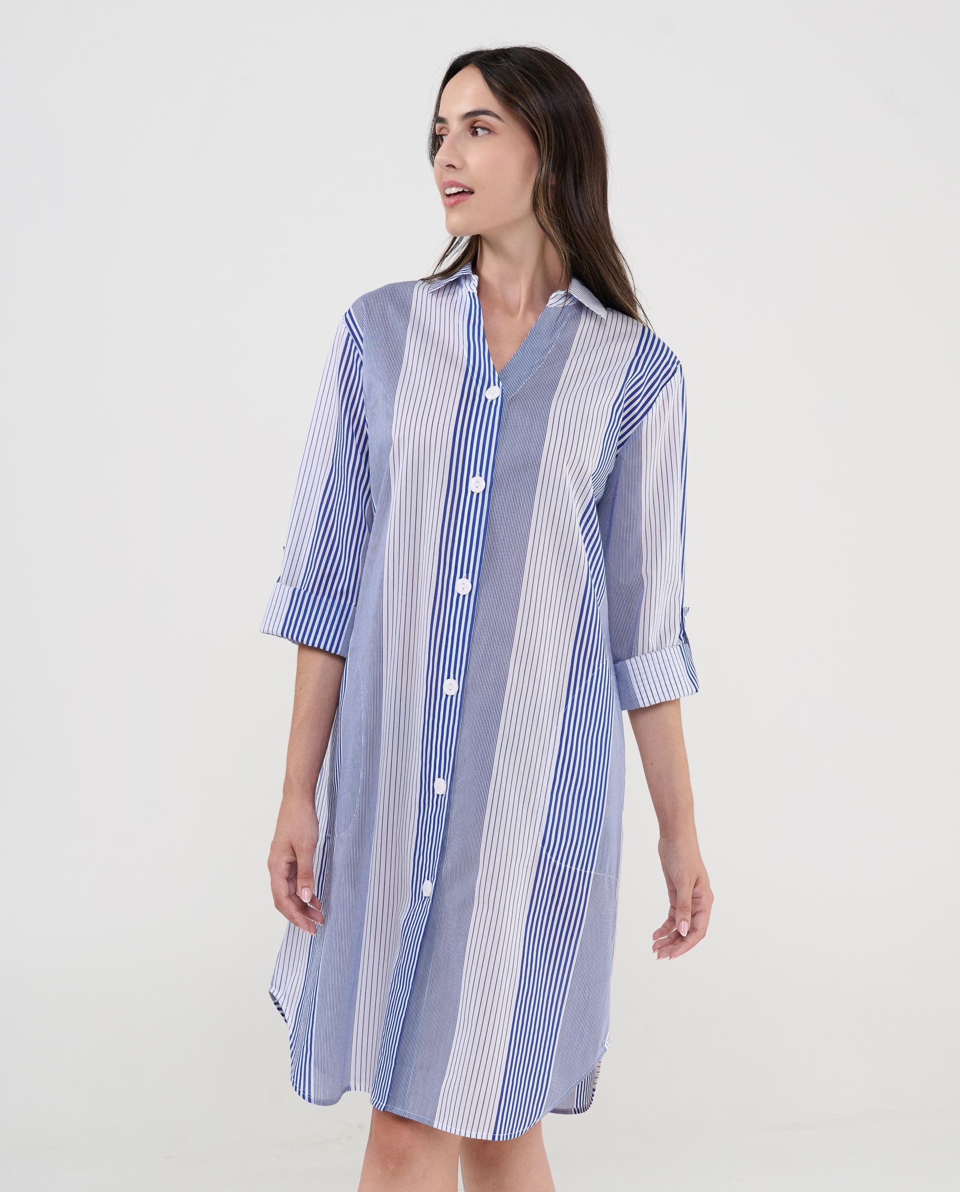 Vestido de Praia Curto com Botões Às Riscas Azul / Branco-1