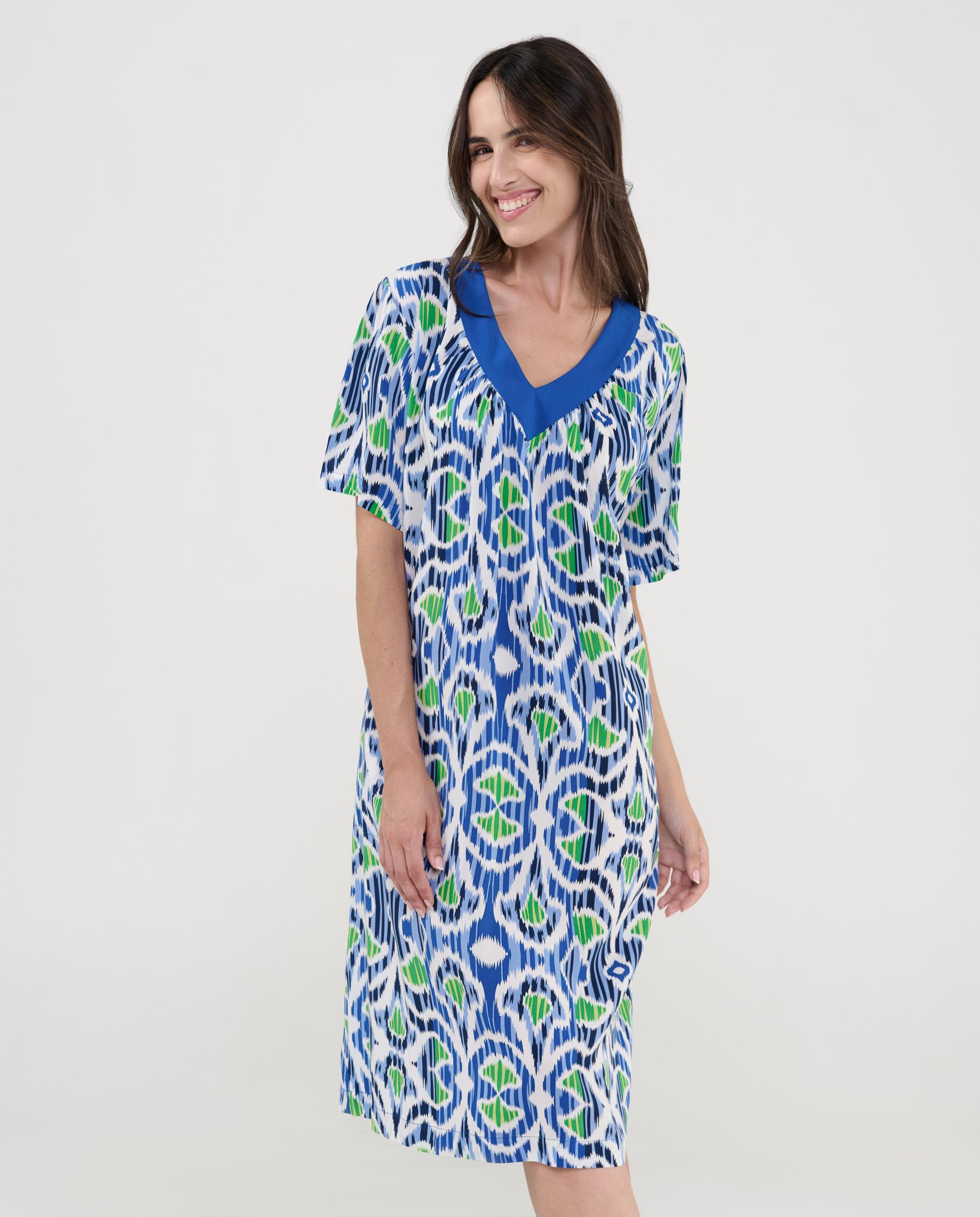 Vestido de Praia de Manga Curta Estampado Azul / Verde-2