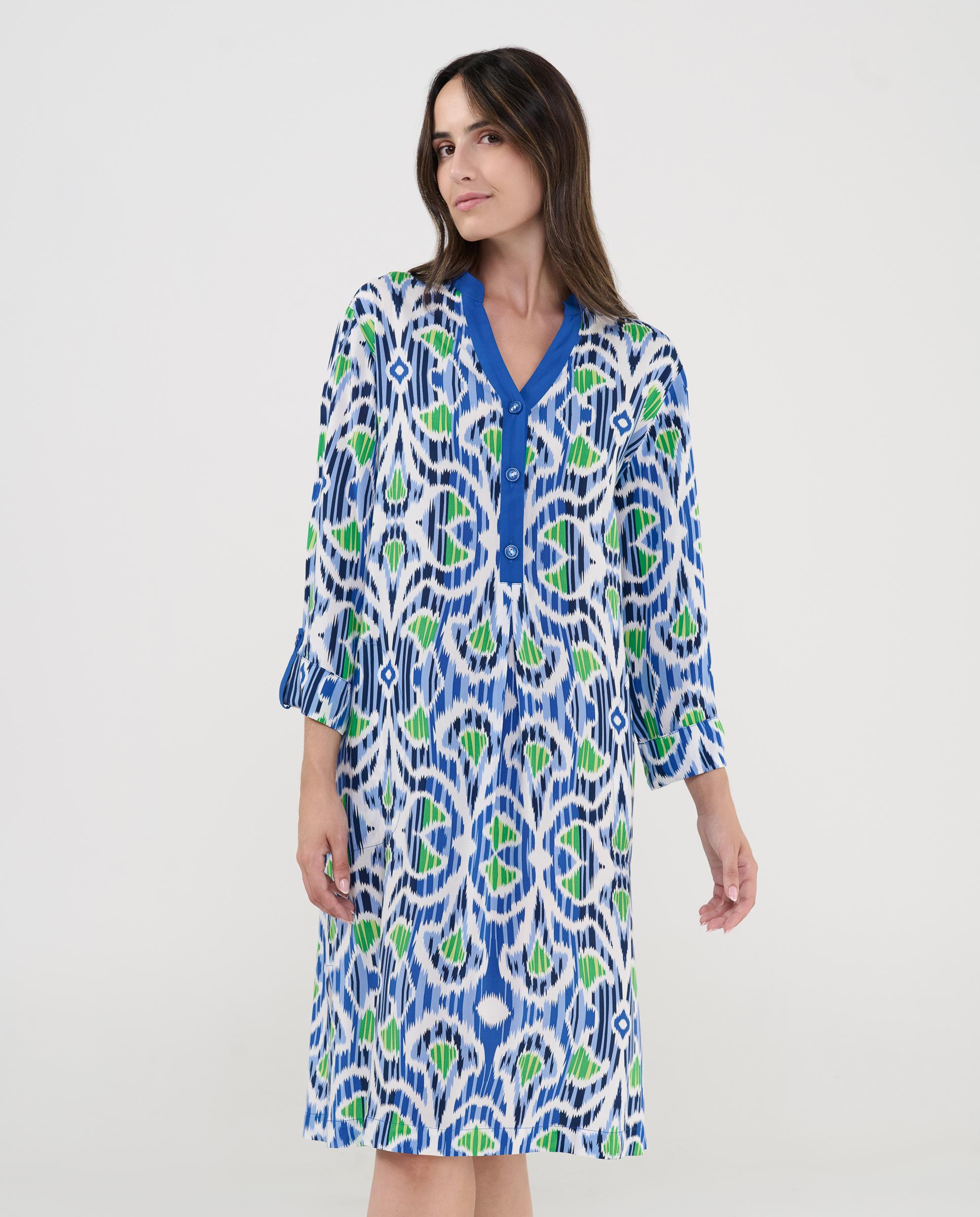 Vestido de Praia de Manga Curta Estampado Azul / Verde-2