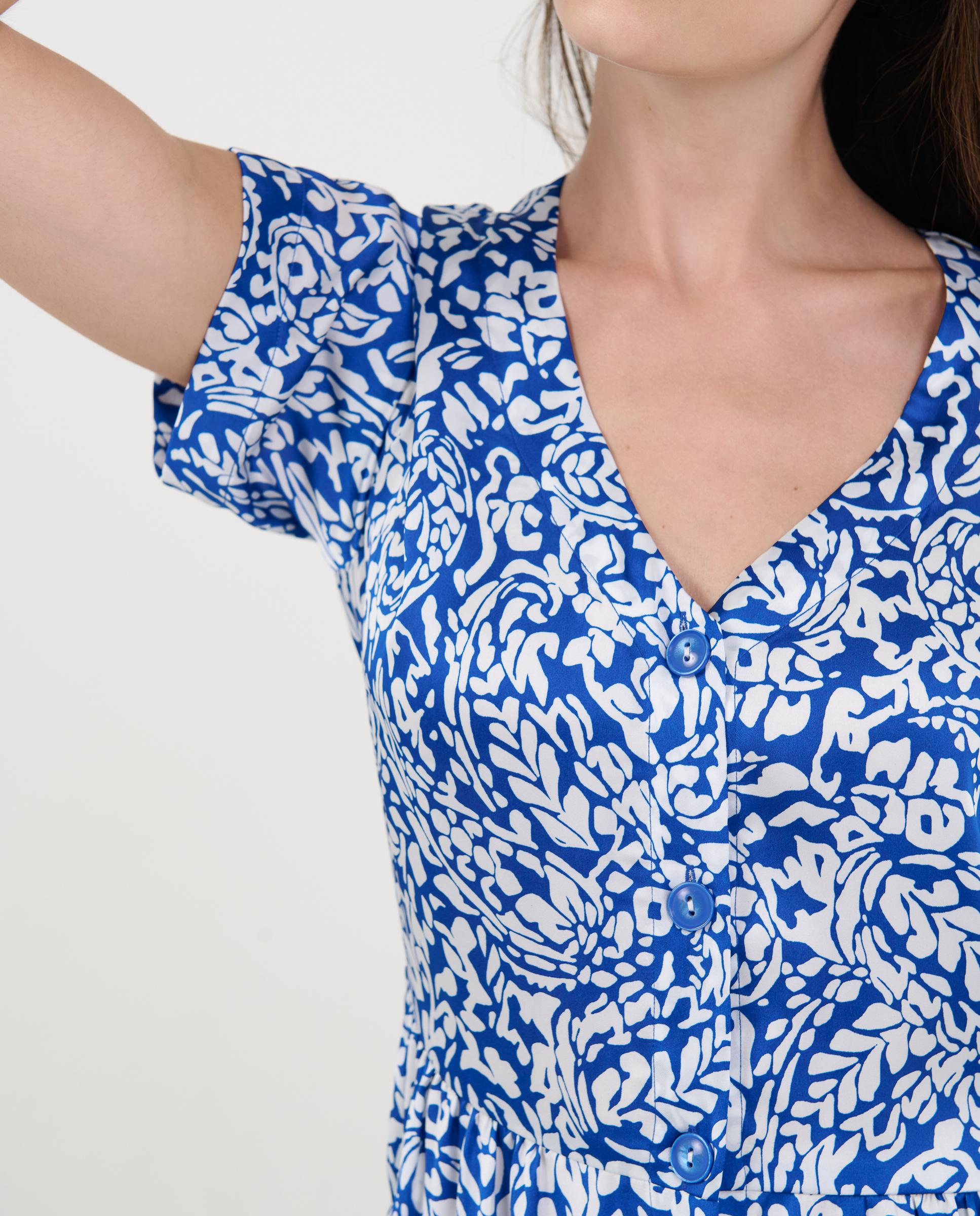 Vestido de Praia Comprido de Manga Curta Estampado Azul / Branco-4
