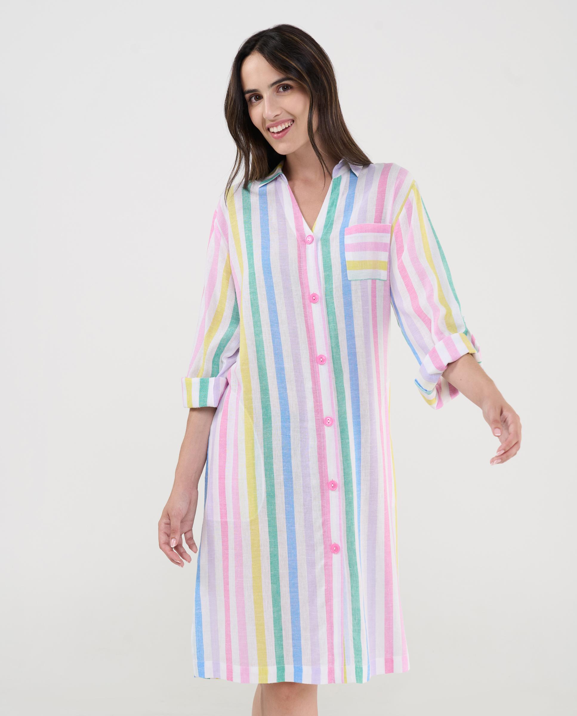 Vestido de Praia Curto com Botões Às Riscas Rosa / Branco-2